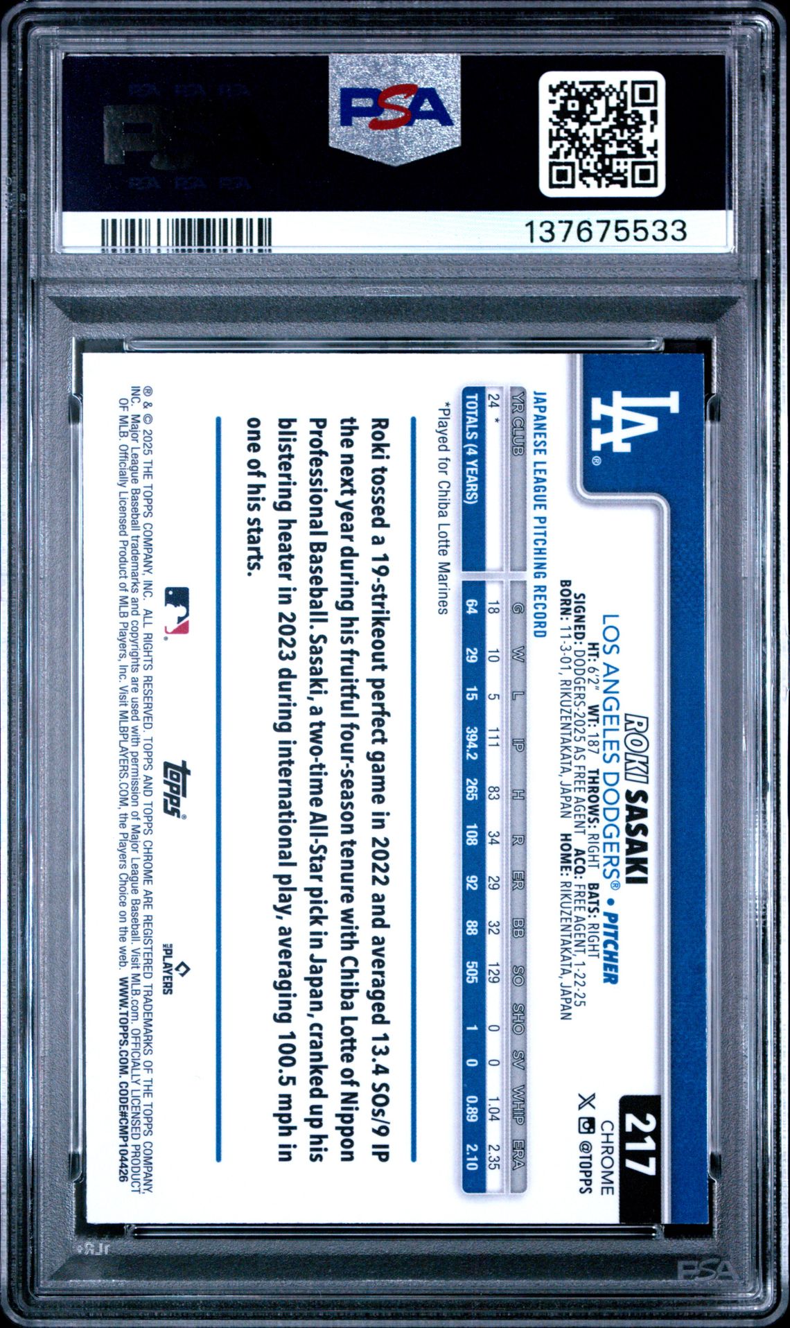 2025 Topps Chrome Roki Sasaki #217 (Raywave) Mint 9 back