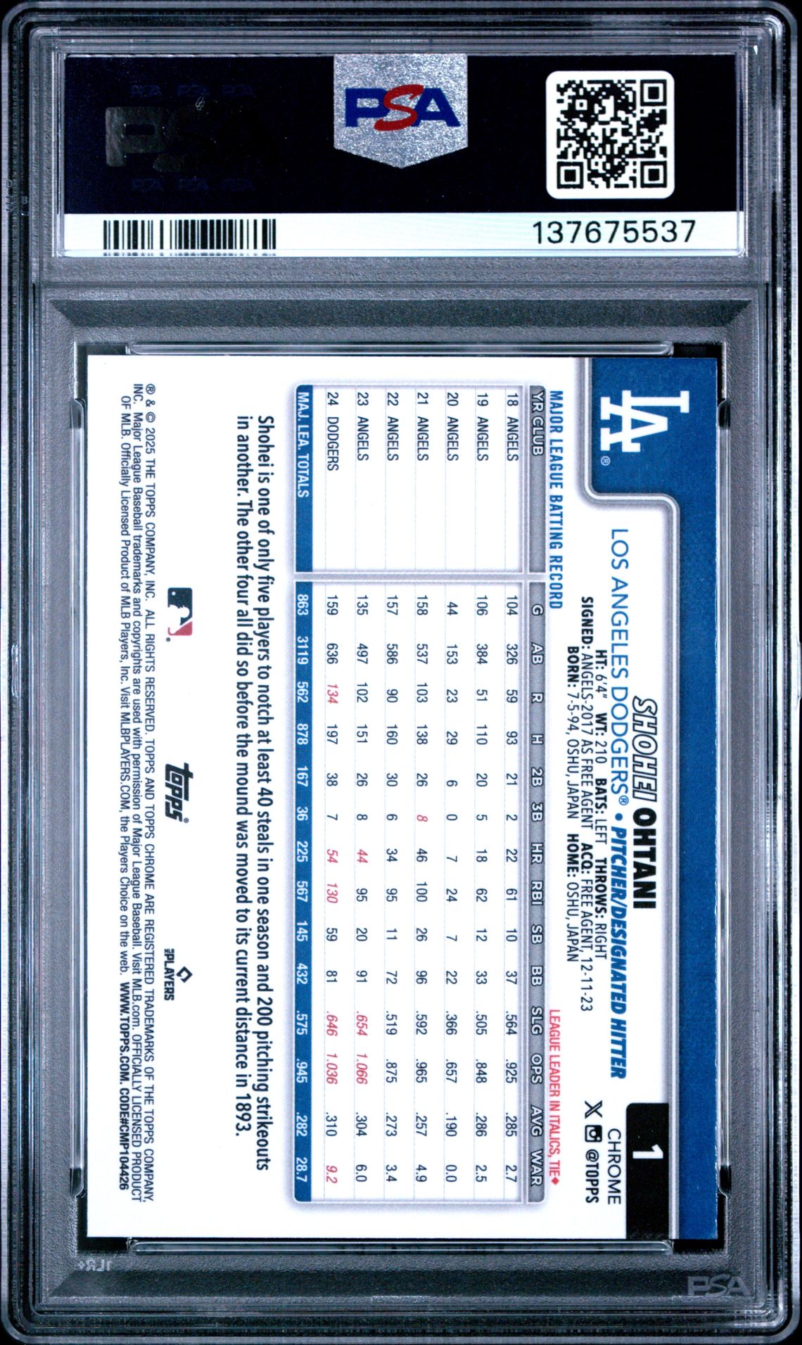 2025 Topps Chrome Shohei Ohtani #1 (Prism Refractor) Gem Mt 10 back