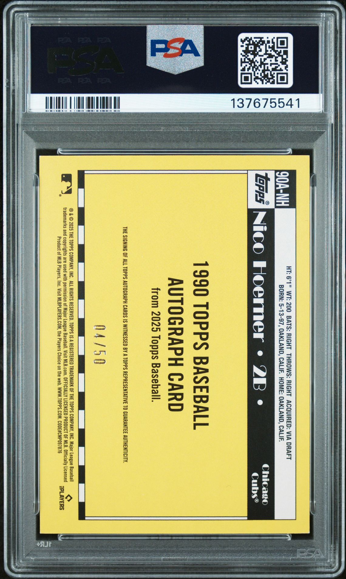 2025 Topps 1990 Topps Baseball Autographs Nico Hoerner #90Anh (1990 Topps Autograph-Gold) Mint 9 back