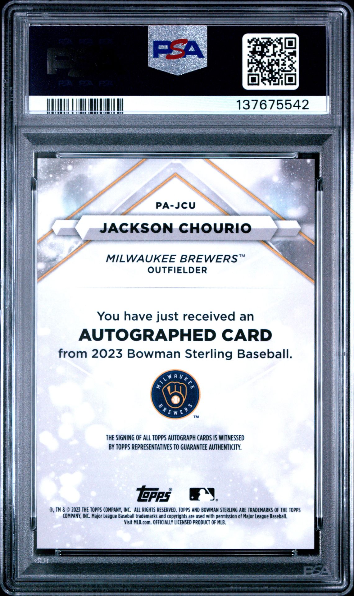 2023 Bowman Sterling Prospect Autographs Jackson Chourio #Pajcu (Prospect Auto-Speckle Ref) Mint 9 back