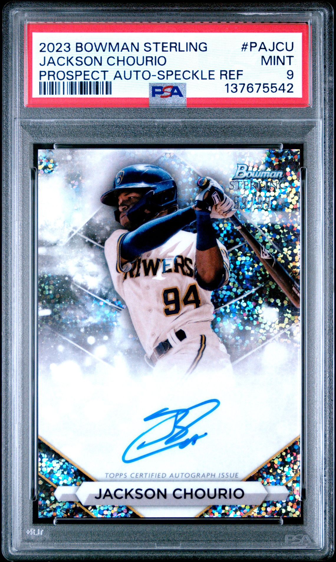 2023 Bowman Sterling Prospect Autographs Jackson Chourio #Pajcu (Prospect Auto-Speckle Ref) Mint 9 front