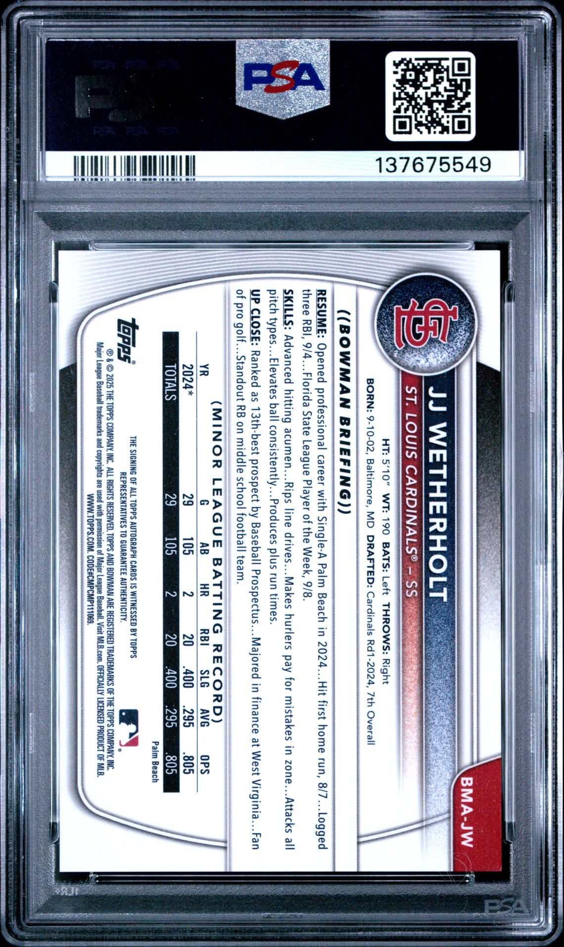 2025 Bowman Chrome Mega Box Chrome Prospects Autographs Jj Wetherholt #Jw Gem Mt 10 back