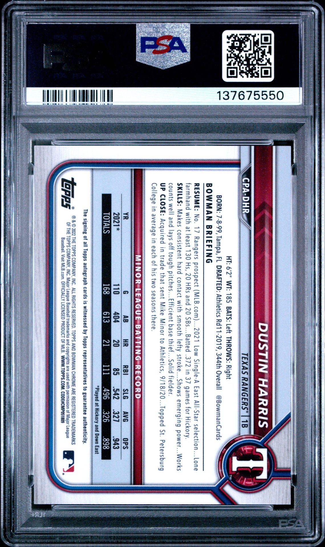 2022 Bowman Chrome Prospect Autographs Dustin Harris #Cpadhr (Chrome Prospect Auto.) Mint 9 back