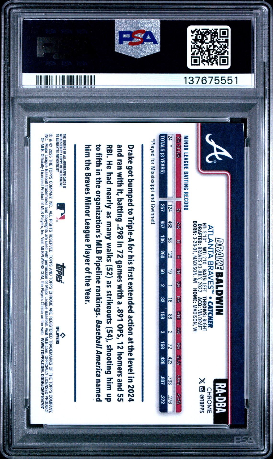 2025 Topps Chrome Rookie Autographs Drake Baldwin #Radba Mint 9 back