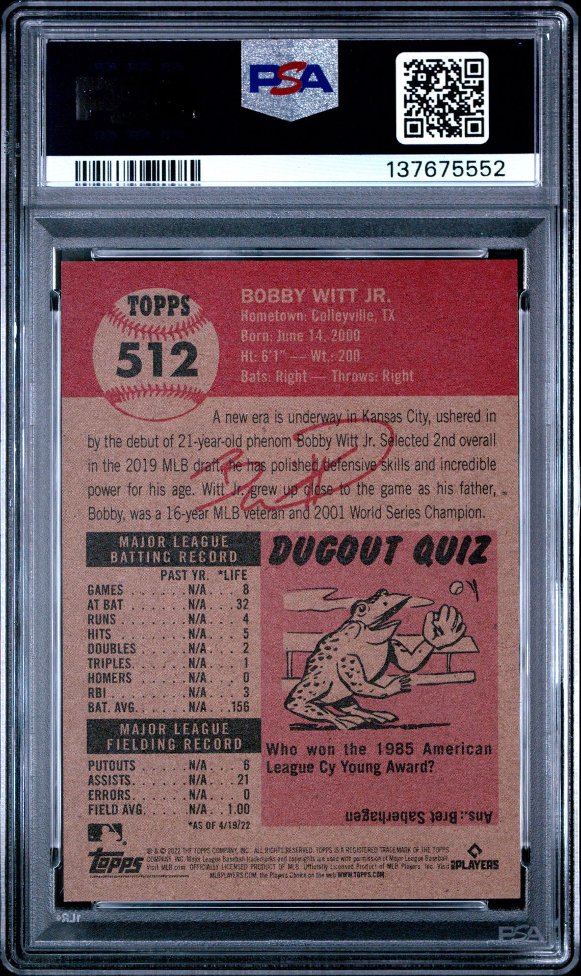 2022 Topps Living Bobby Witt Jr. #512 Gem Mt 10 back