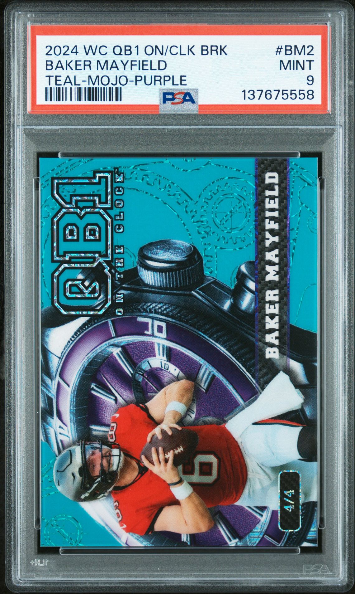 2024 Wild Card Qb1 On The Clock Brick Baker Mayfield #Bm2 (Teal-Mojo-Purple) Mint 9 front