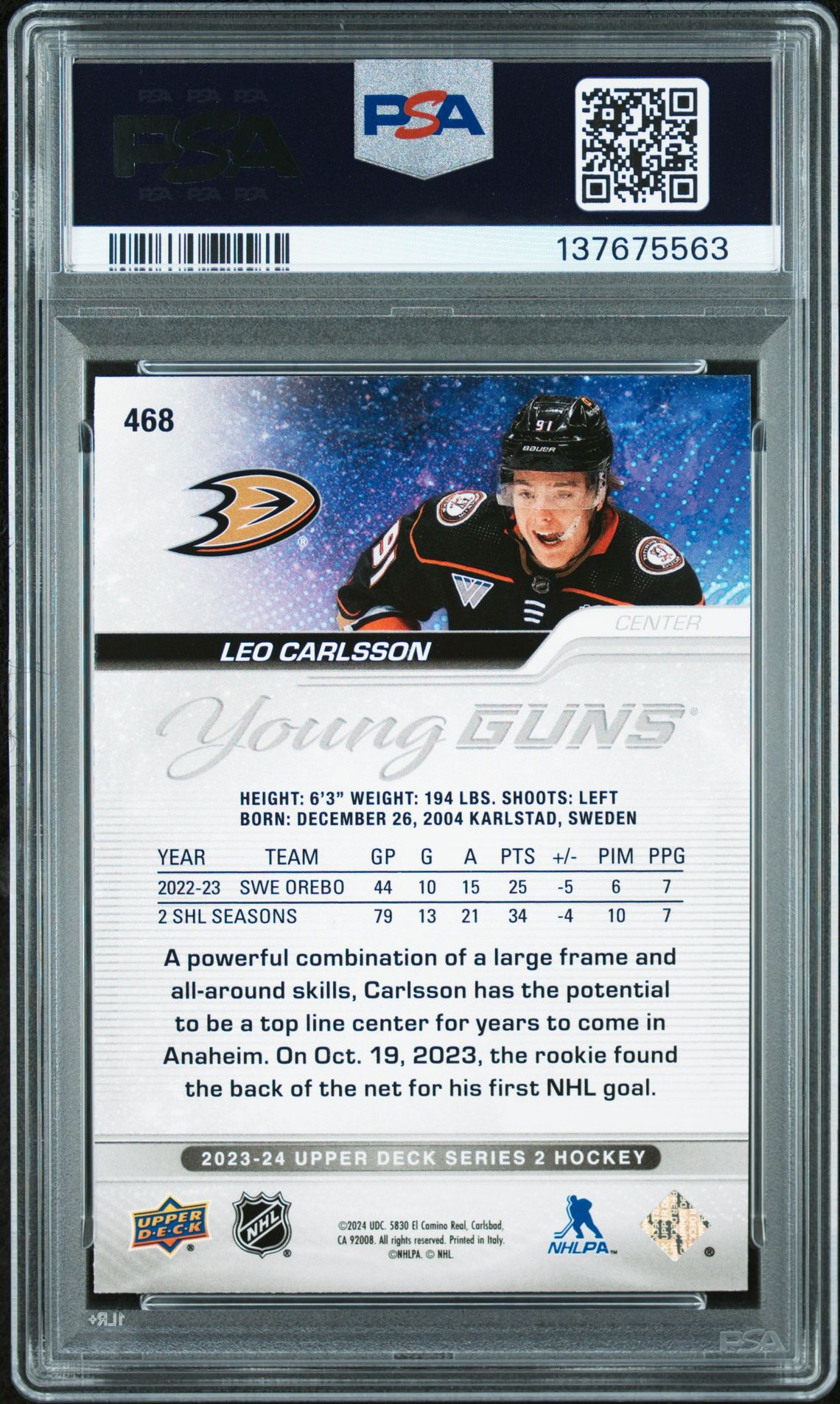 2023 Upper Deck Leo Carlsson #468 (Outburst) Gem Mt 10 back