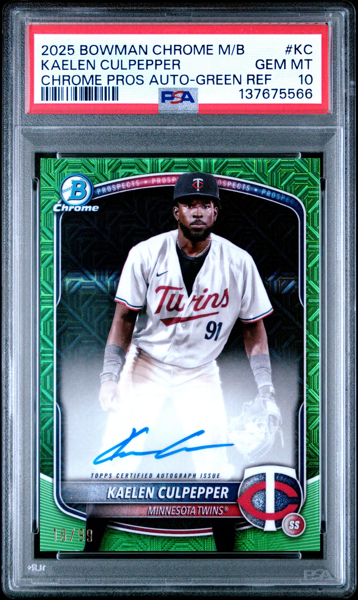 2025 Bowman Chrome Mega Box Chrome Prospects Autographs Kaelen Culpepper #Kc (Chrome Pros Auto-Green Ref) Gem Mt 10 front