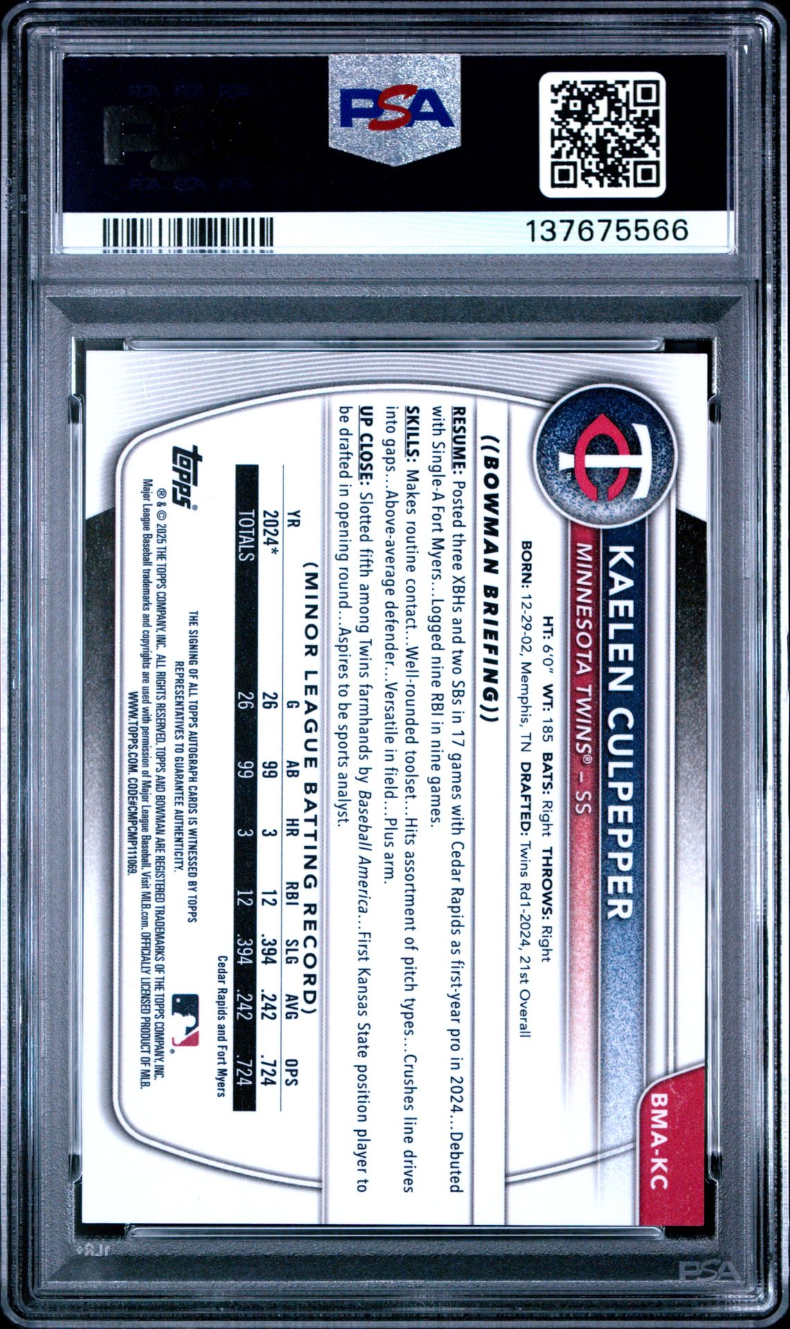 2025 Bowman Chrome Mega Box Chrome Prospects Autographs Kaelen Culpepper #Kc (Chrome Pros Auto-Green Ref) Gem Mt 10 back