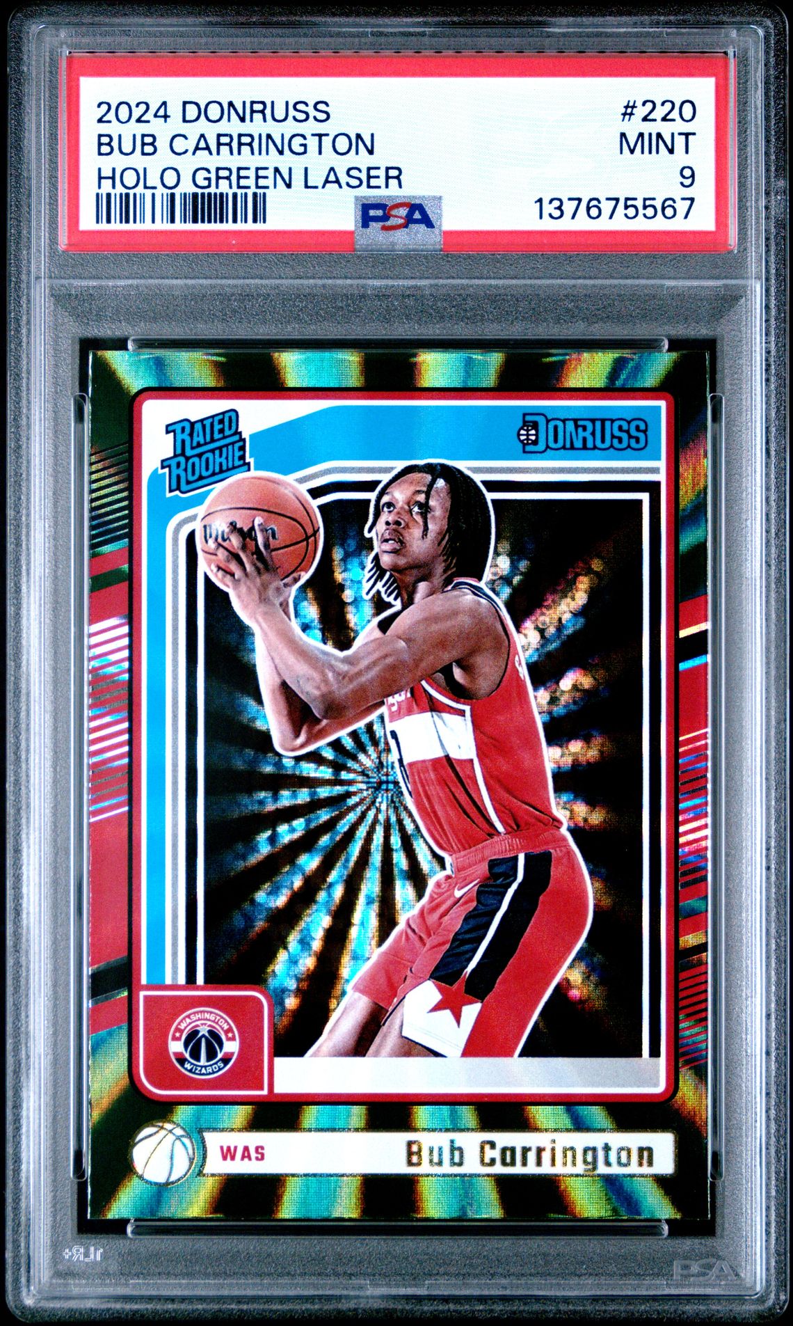 2024 Panini Donruss Bub Carrington #220 (Holo Green Laser) Mint 9 front