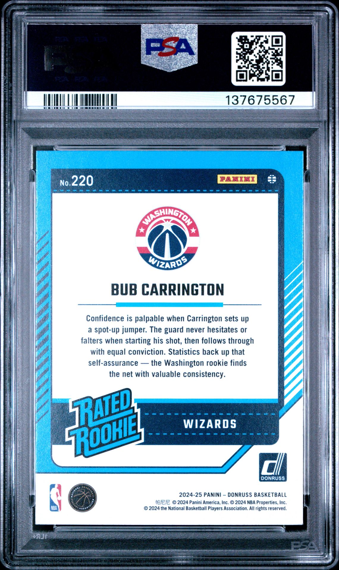 2024 Panini Donruss Bub Carrington #220 (Holo Green Laser) Mint 9 back