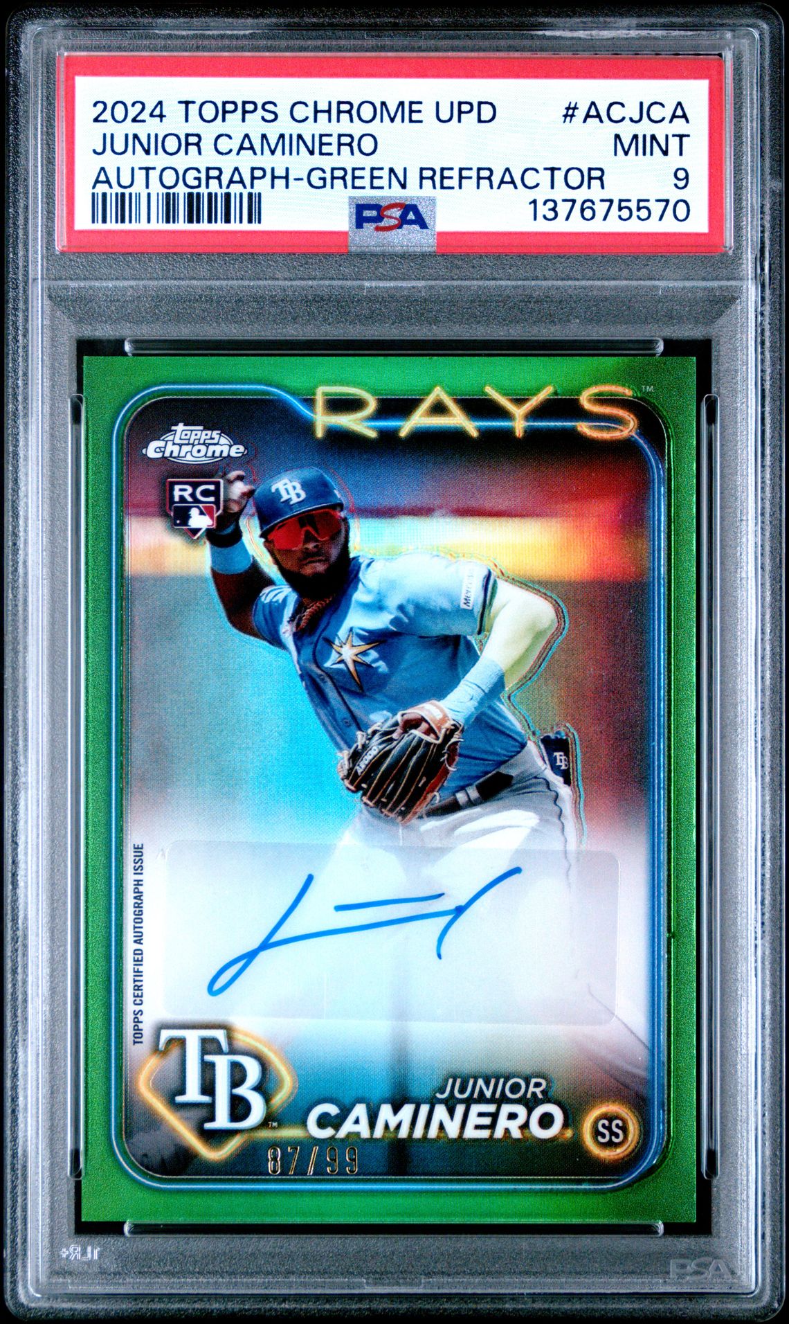 2024 Topps Chrome Update Chrome Baseball Update Series Autographs Junior Caminero #Acjca (Autograph-Green Refractor) Mint 9 front