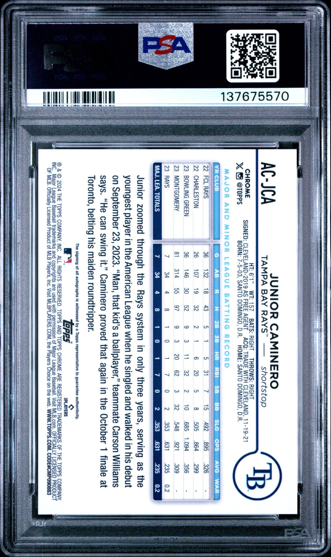 2024 Topps Chrome Update Chrome Baseball Update Series Autographs Junior Caminero #Acjca (Autograph-Green Refractor) Mint 9 back
