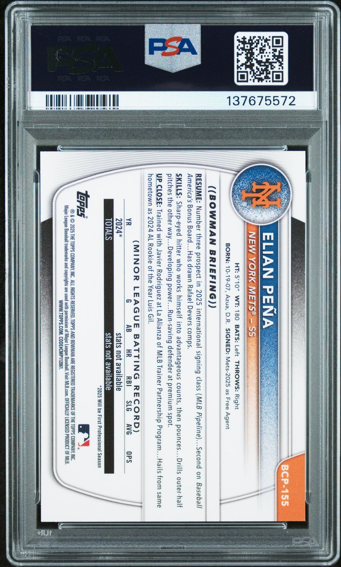 2025 Bowman Chrome Sapphire Edition Prospects Elian Pena #155 Gem Mt 10 back