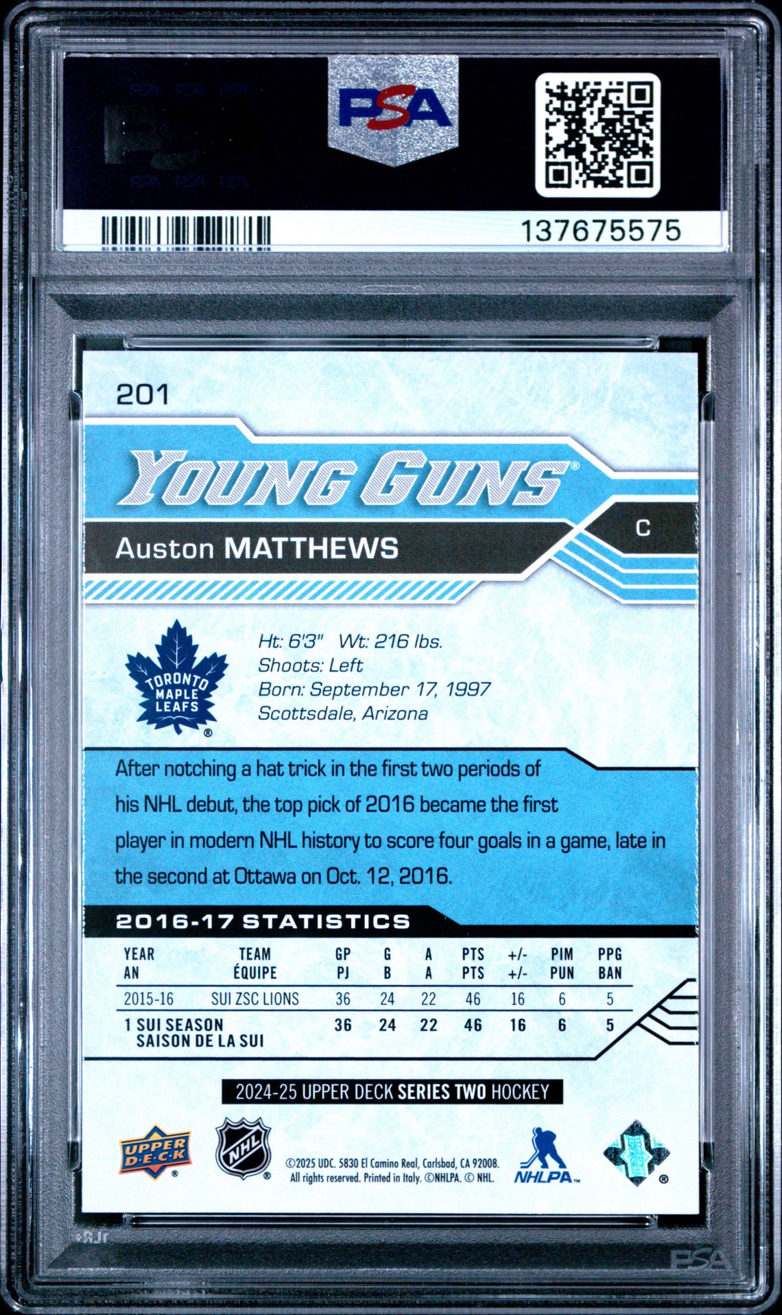 2024 Upper Deck Young Guns Renewed Auston Matthews #201 Gem Mt 10 back