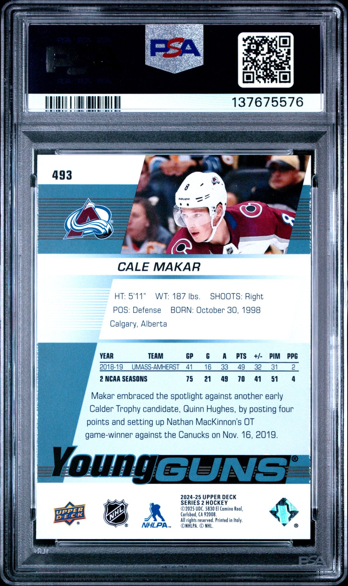 2024 Upper Deck Young Guns Renewed Cale Makar #493 Gem Mt 10 back