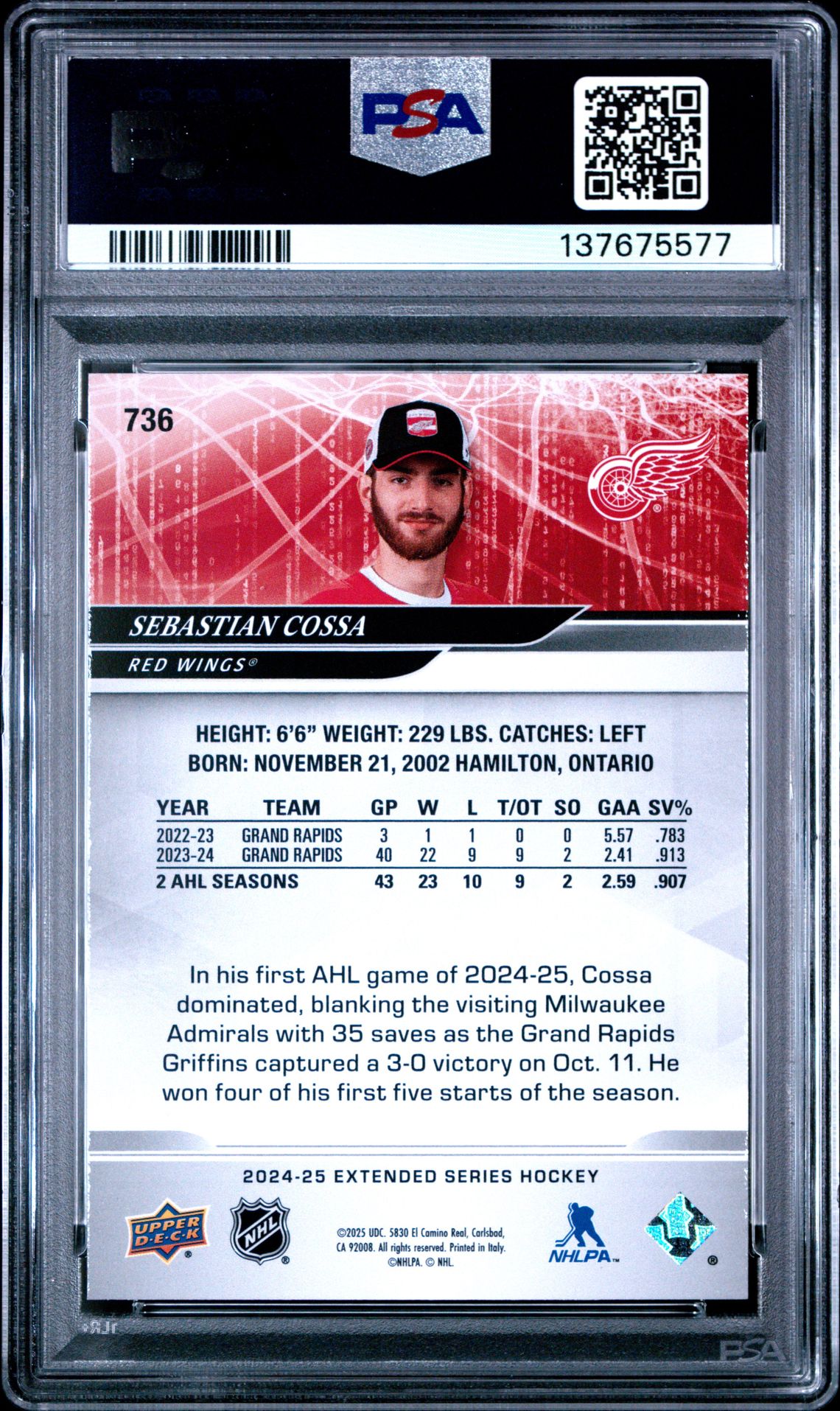 2024 Upper Deck Sebastian Cossa #736 Gem Mt 10 back