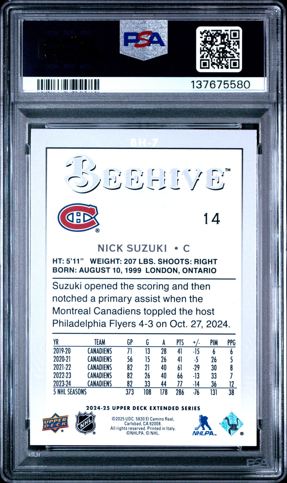 2024 Upper Deck Extended Series Beehive Nick Suzuki #Bh7 Gem Mt 10 back