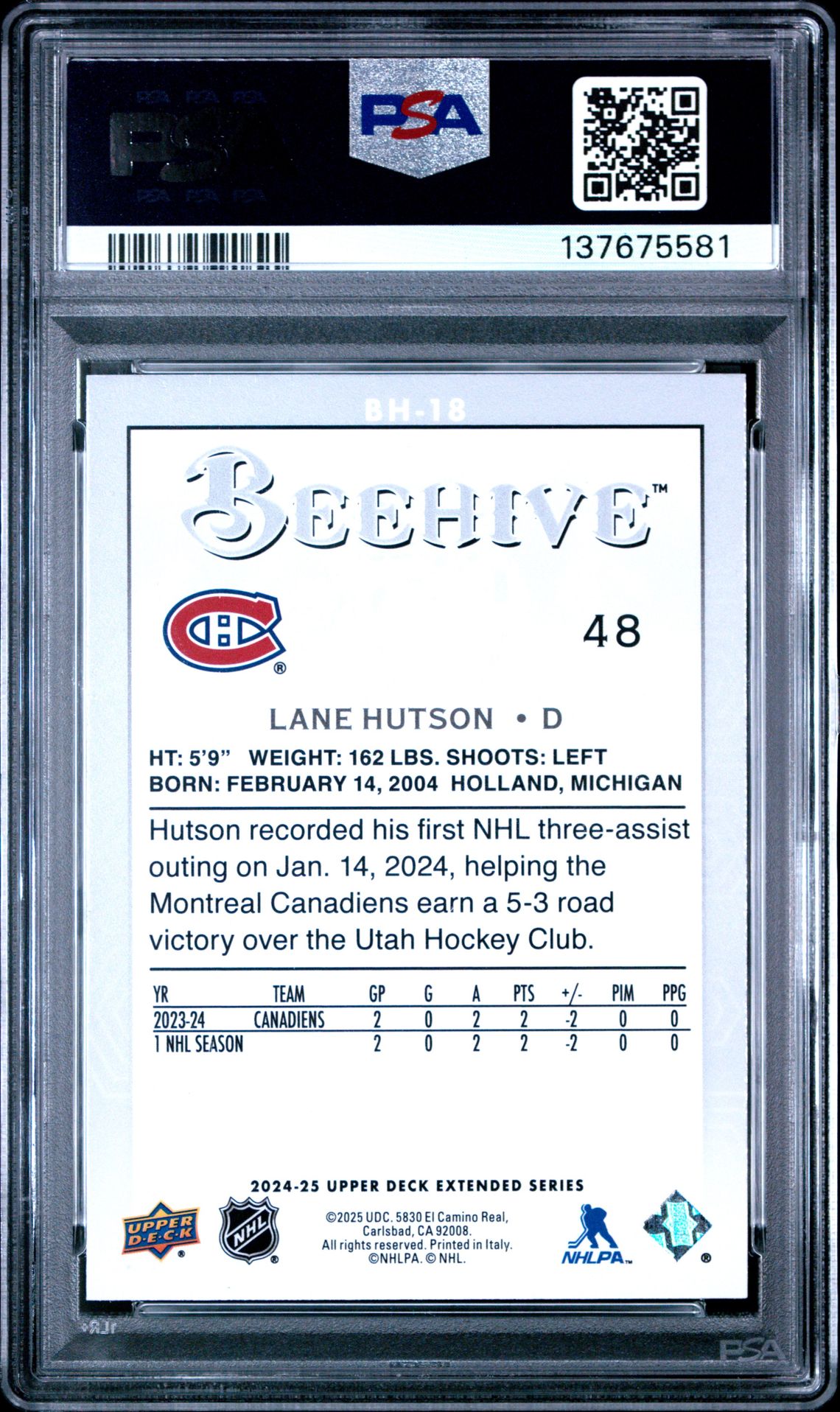 2024 Upper Deck Extended Series Beehive Lane Hutson #Bh18 Gem Mt 10 back
