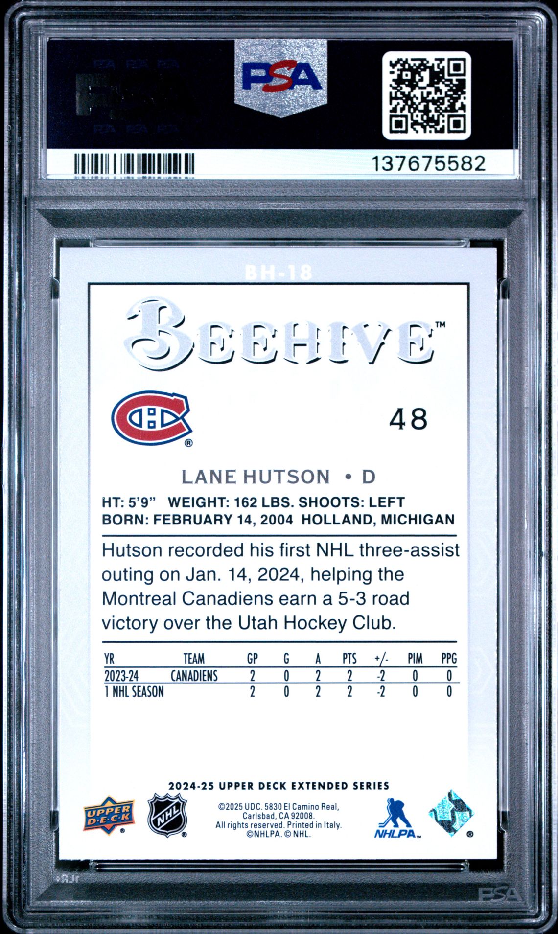 2024 Upper Deck Extended Series Beehive Lane Hutson #Bh18 Mint 9 back