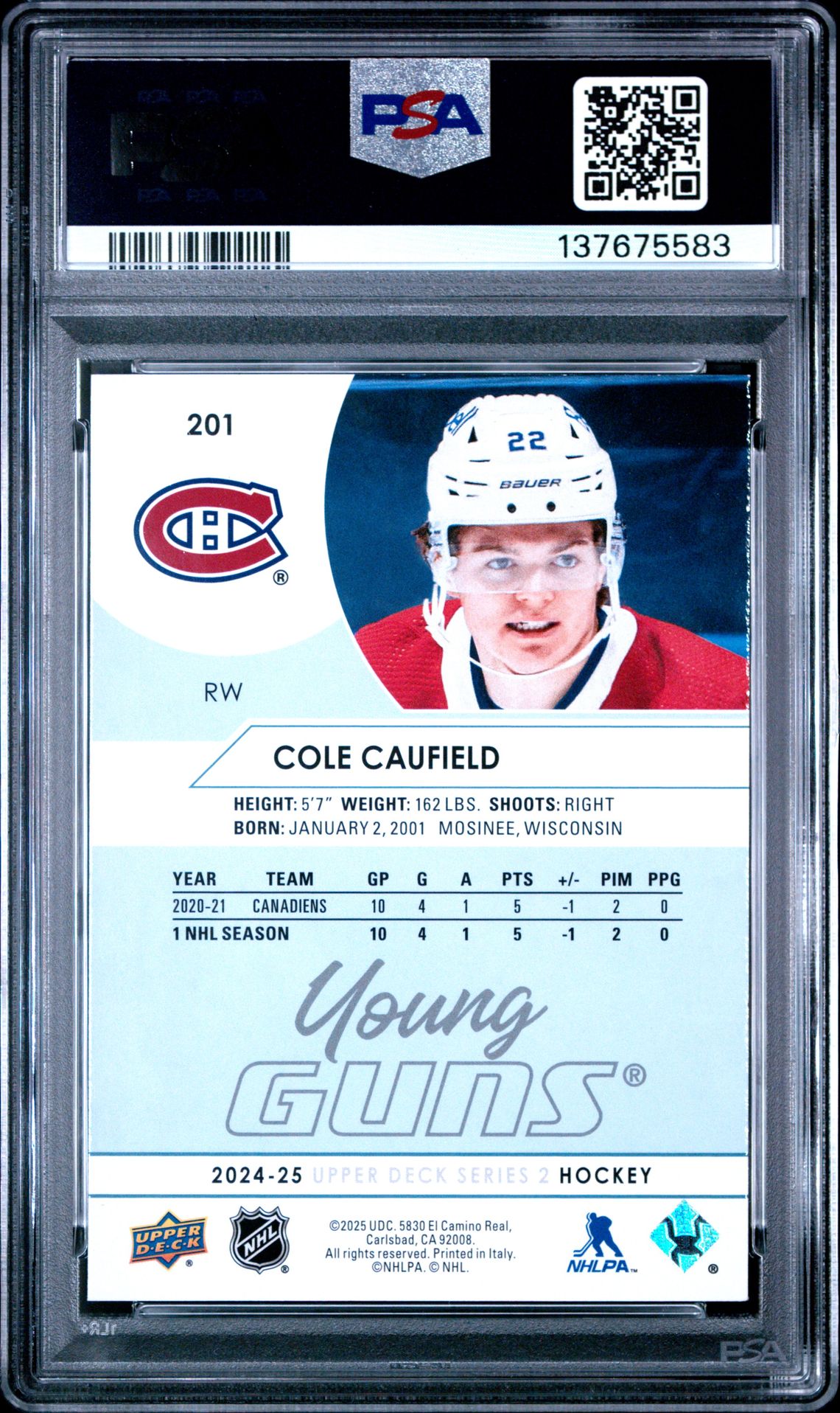 2024 Upper Deck Young Guns Renewed Cole Caufield #201 Mint 9 back