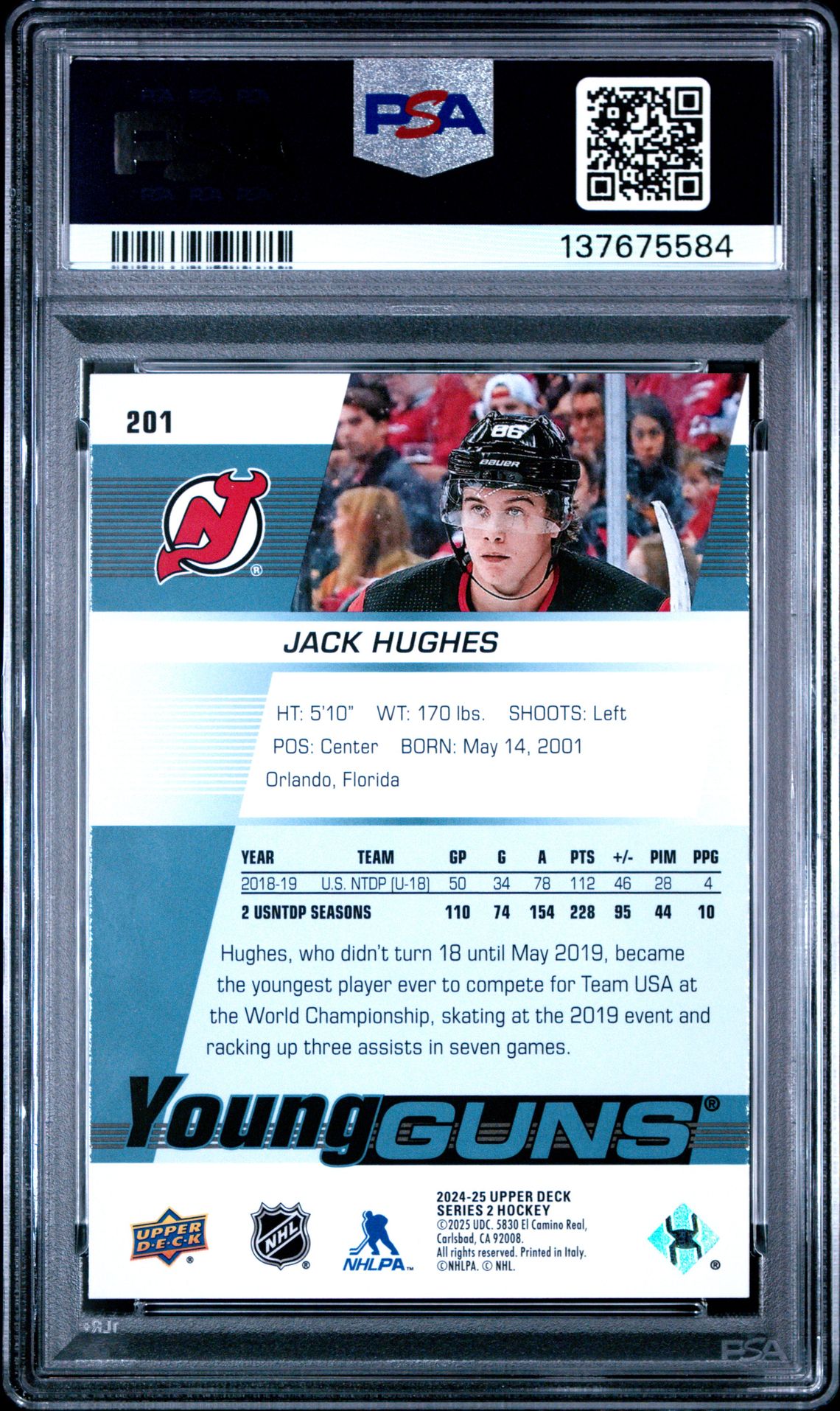 2024 Upper Deck Young Guns Renewed Jack Hughes #201 Gem Mt 10 back