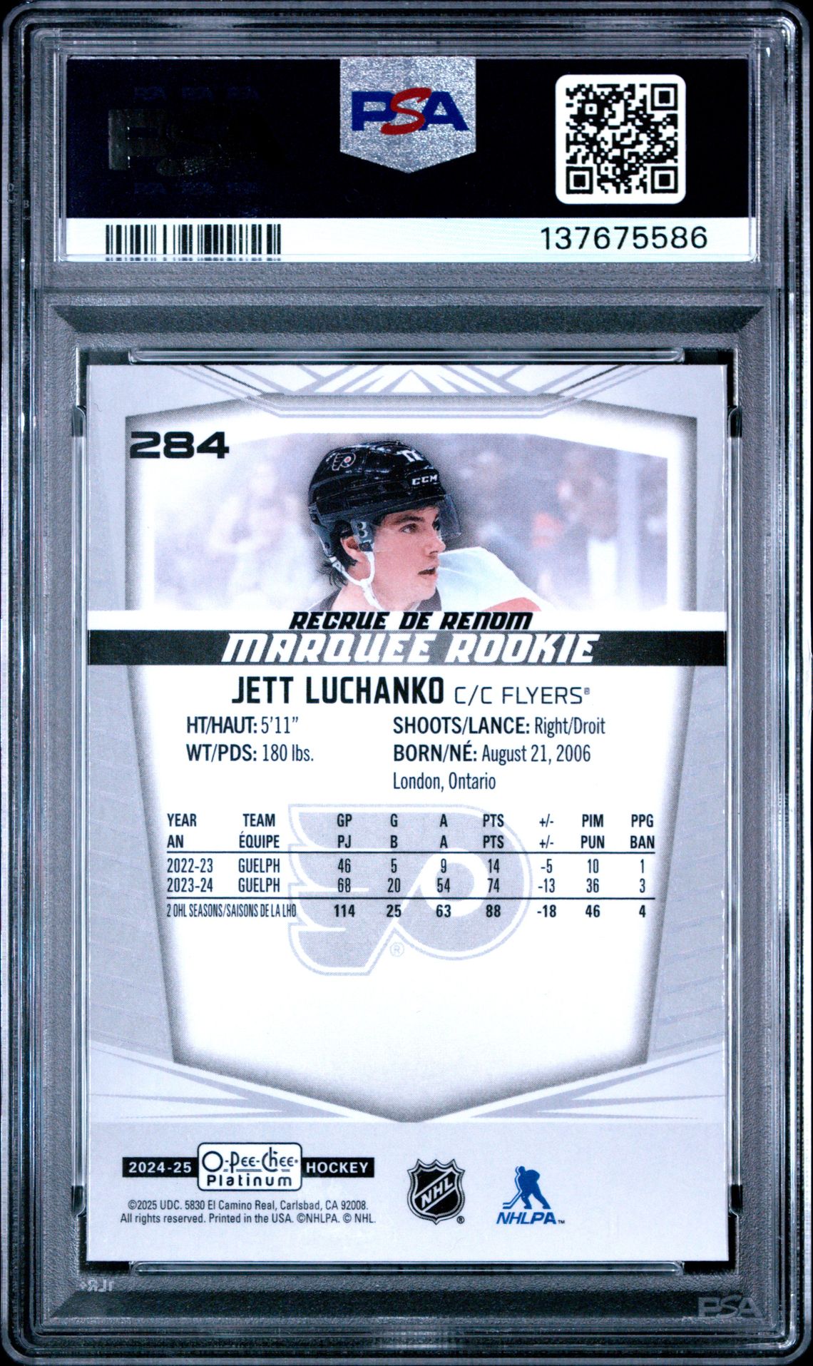 2024 Upper Deck O-Pee-Chee Platinum Jett Luchanko #284 Gem Mt 10 back