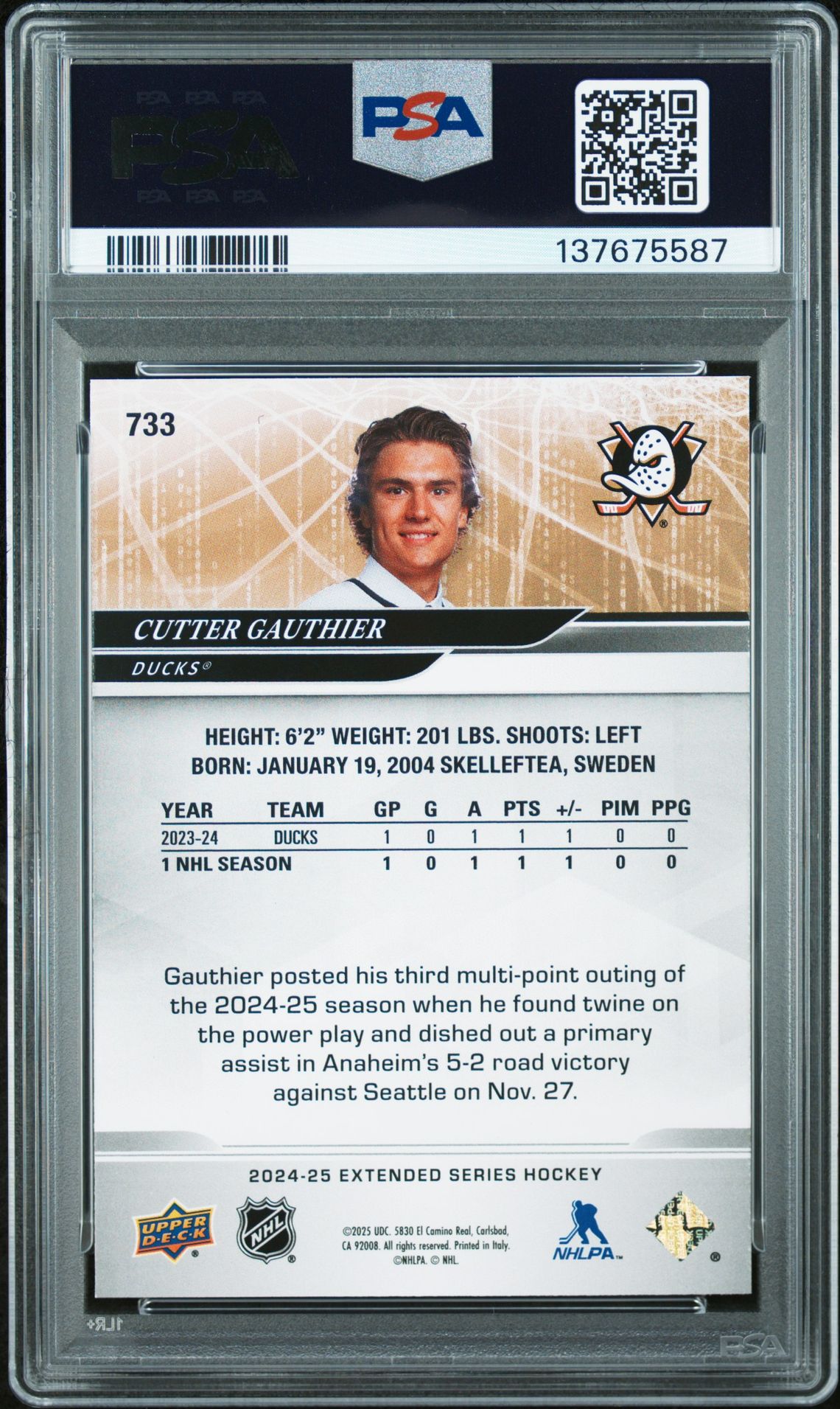 2024 Upper Deck Cutter Gauthier #733 Mint 9 back