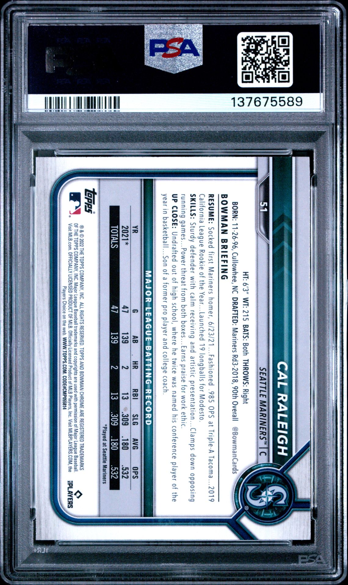 2022 Bowman Chrome Cal Raleigh #51 Mint 9 back