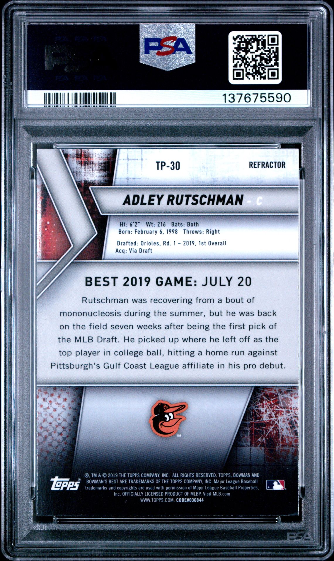 2019 Bowman's Best Top Prospects Adley Rutschman #Tp-30 (Top Prospects-Refractor) Gem Mt 10 back