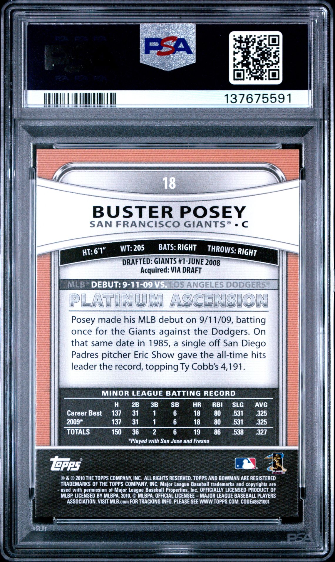 2010 Bowman Platinum Buster Posey #18 Gem Mt 10 back