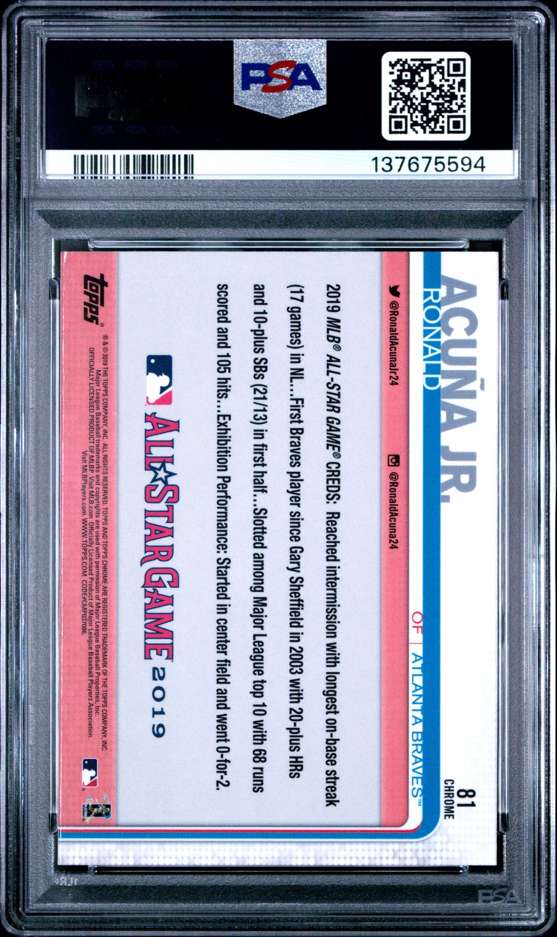 2019 Topps Chrome Update Ronald Acuna Jr. #81 (Update) Gem Mt 10 back