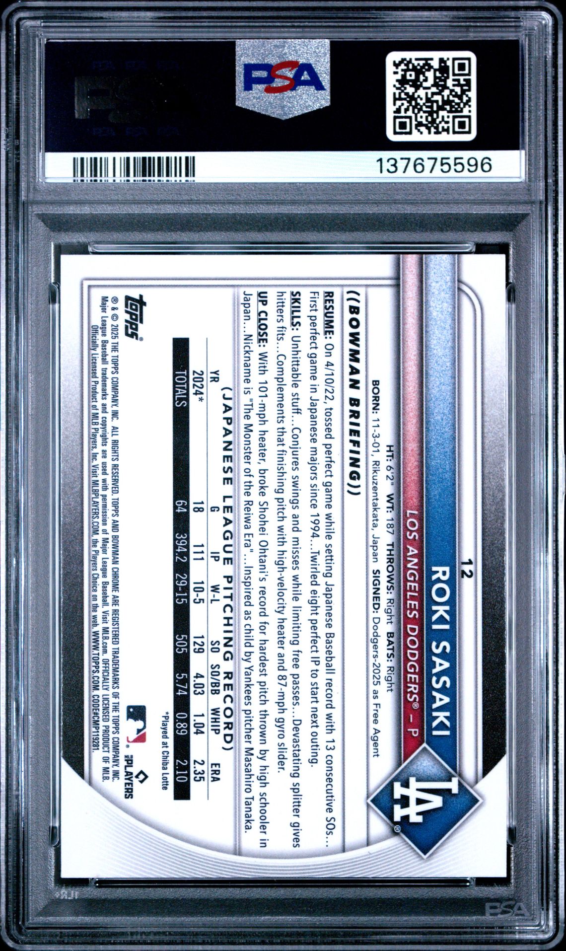 2025 Bowman Chrome Roki Sasaki #12 (Red Rookie Redemption) Gem Mt 10 back