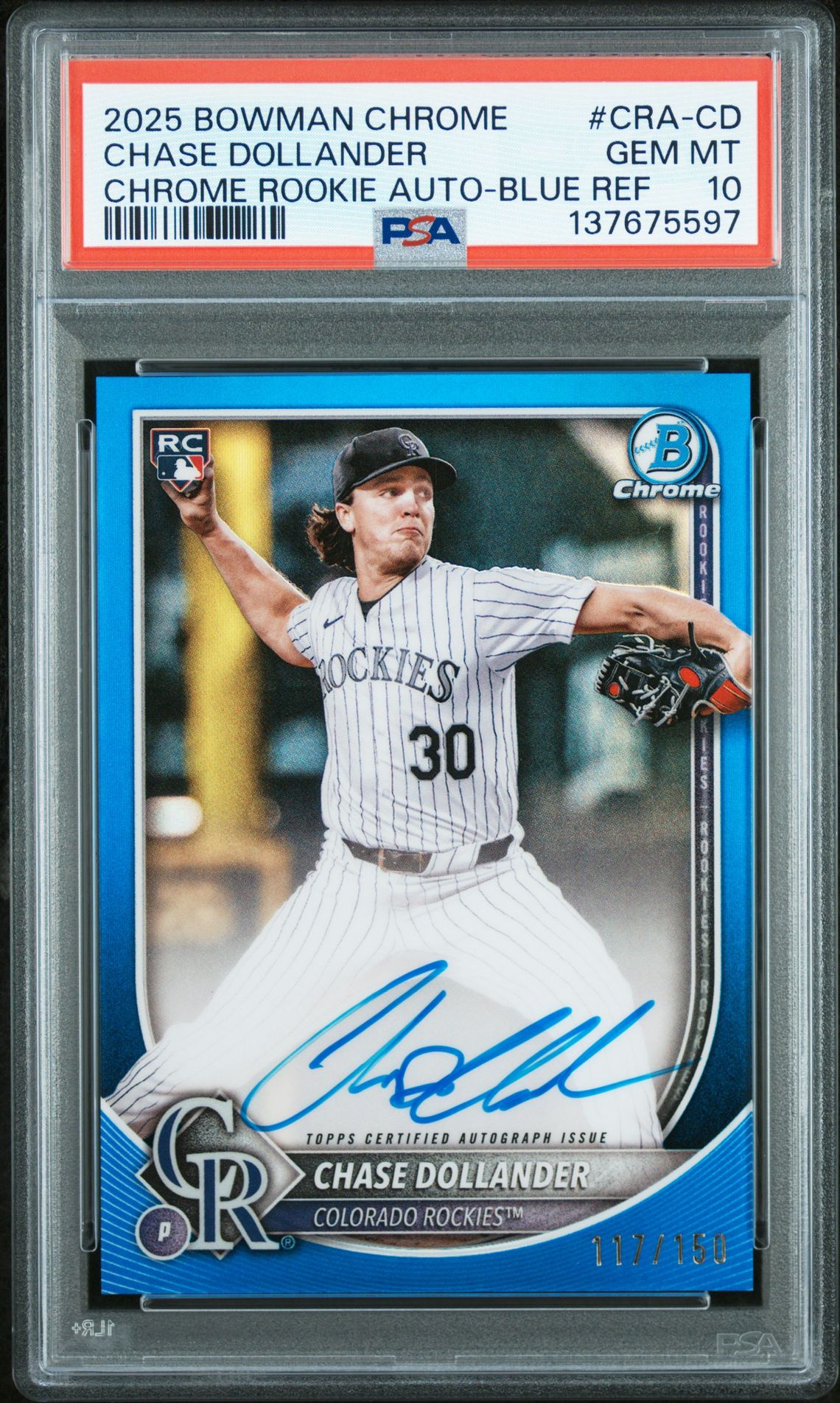 2025 Bowman Chrome Chrome Rookie Autographs Chase Dollander #Cra-Cd (Chrome Rookie Auto-Blue Ref) Gem Mt 10 front