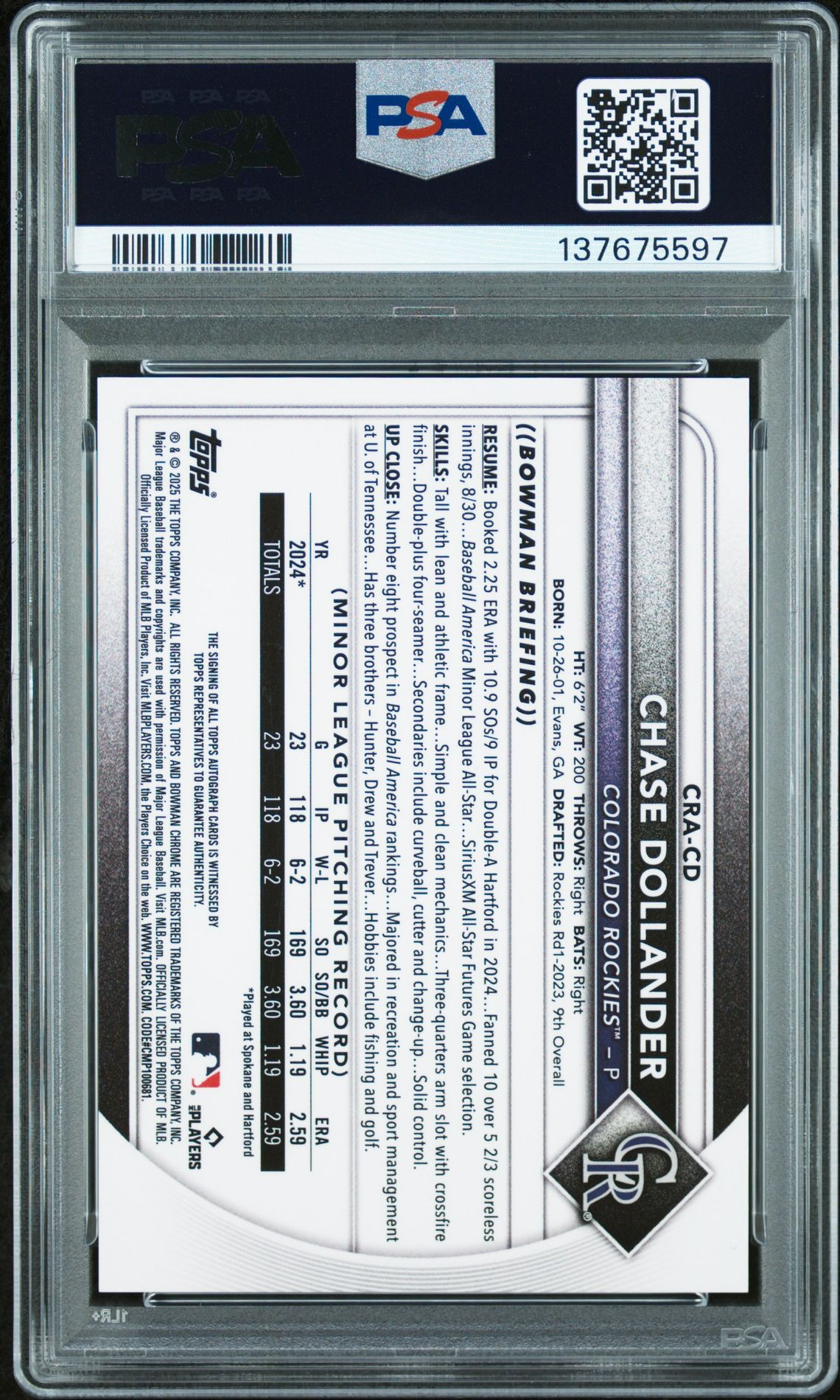 2025 Bowman Chrome Chrome Rookie Autographs Chase Dollander #Cra-Cd (Chrome Rookie Auto-Blue Ref) Gem Mt 10 back