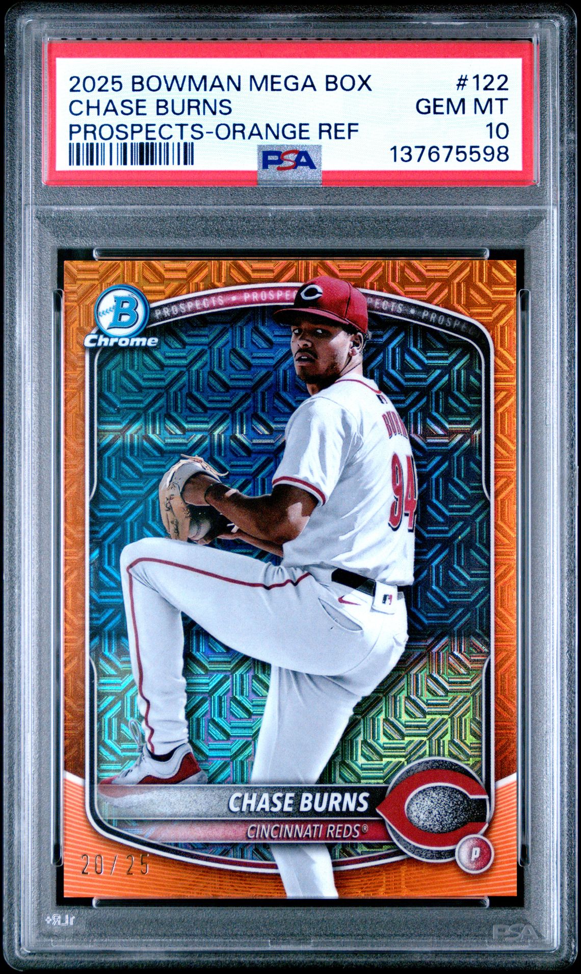 2025 Bowman Mega Box Chrome Prospects Chase Burns #122 (Prospects-Orange Ref) Gem Mt 10 front