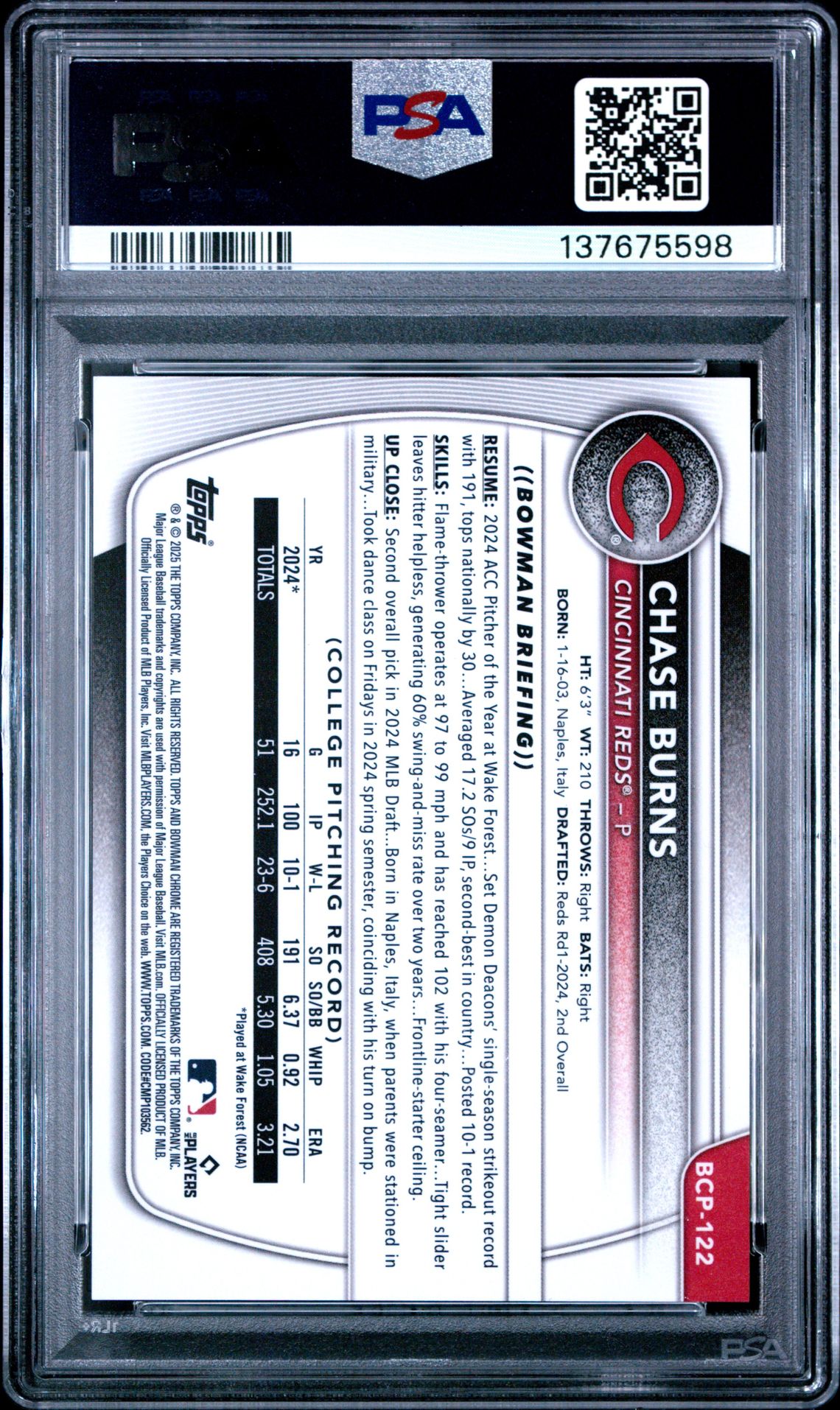 2025 Bowman Mega Box Chrome Prospects Chase Burns #122 (Prospects-Orange Ref) Gem Mt 10 back