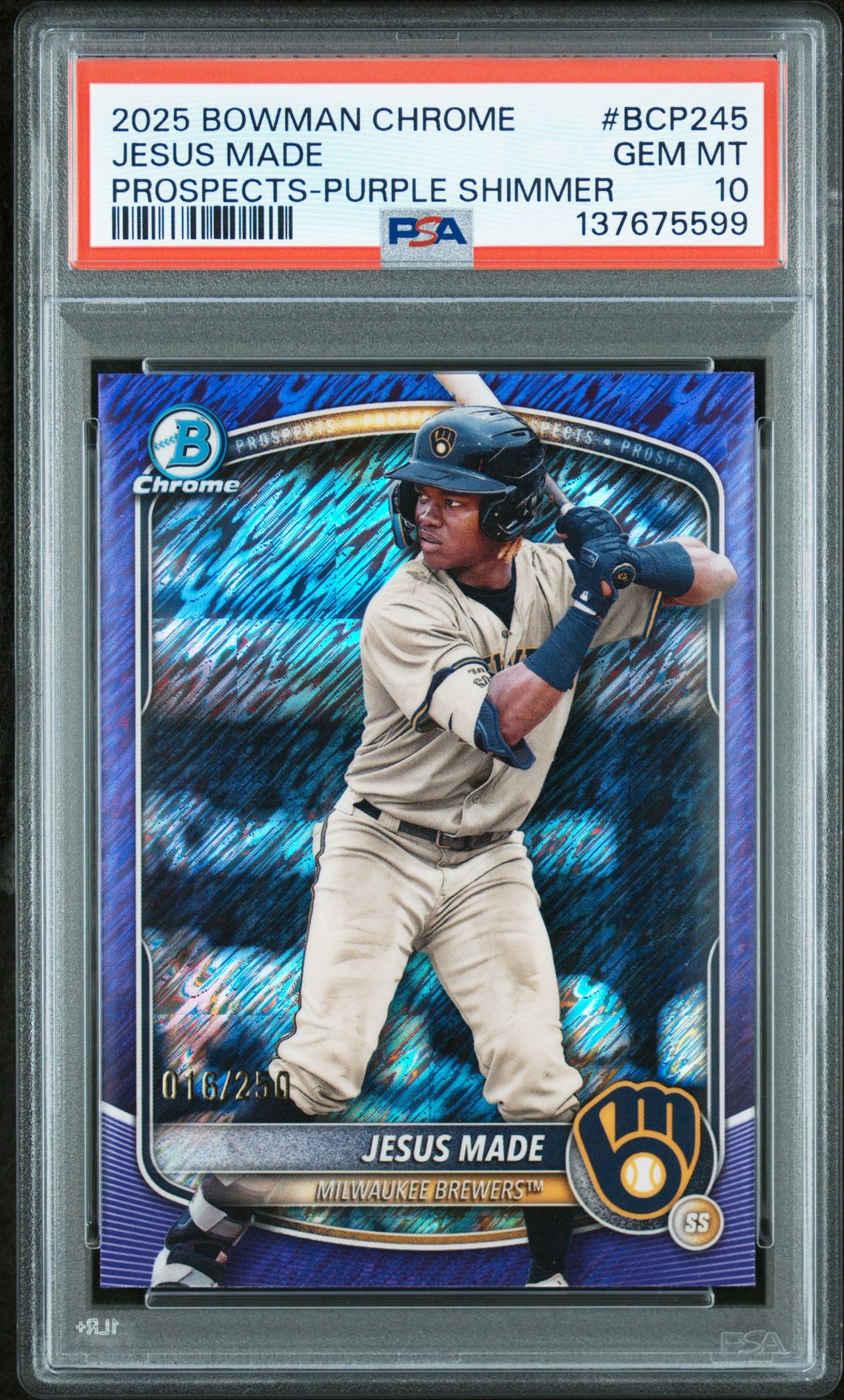 2025 Bowman Chrome Prospects Jesus Made #Bcp245 (Prospects-Purple Shimmer) Gem Mt 10 front