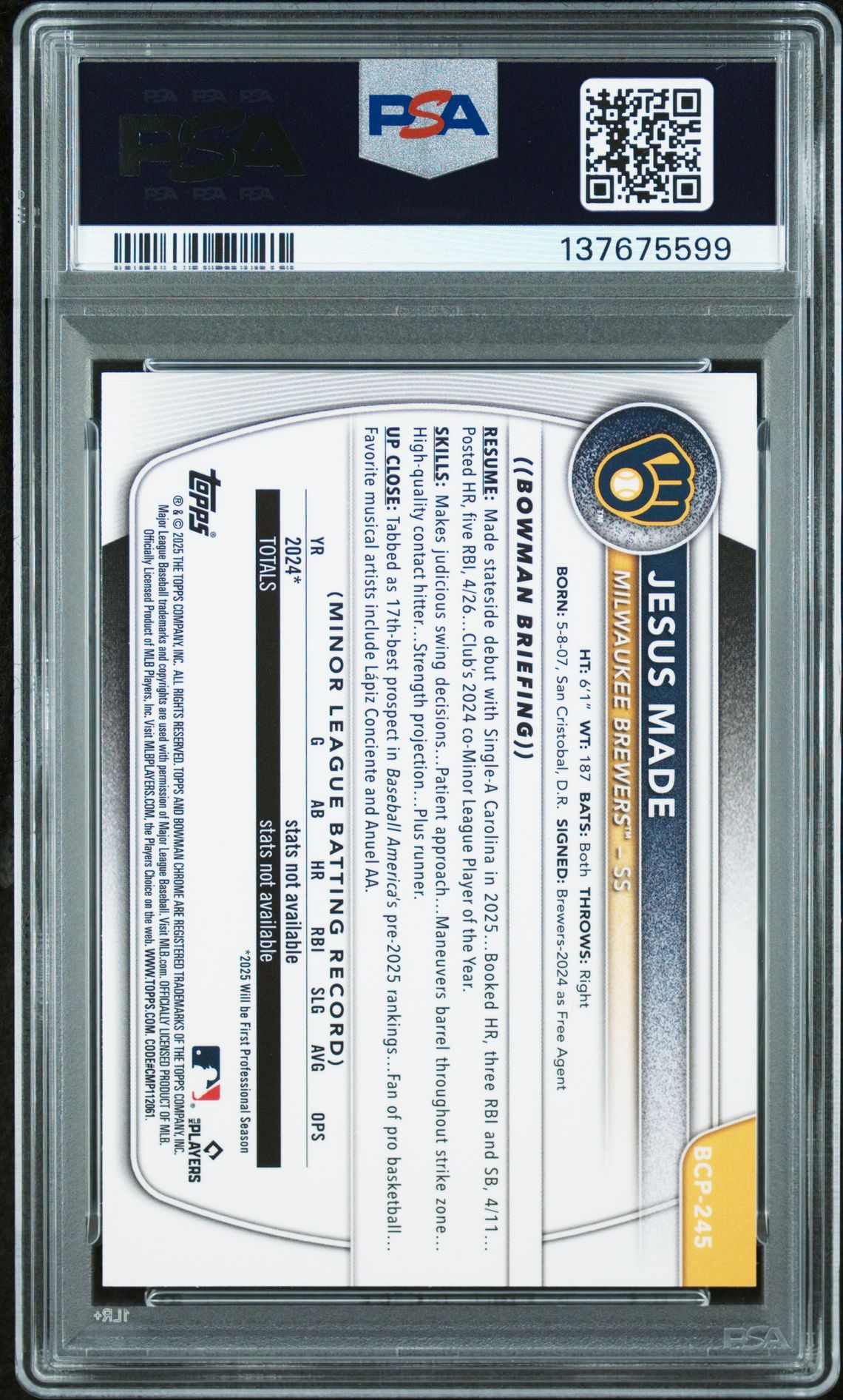 2025 Bowman Chrome Prospects Jesus Made #Bcp245 (Prospects-Purple Shimmer) Gem Mt 10 back