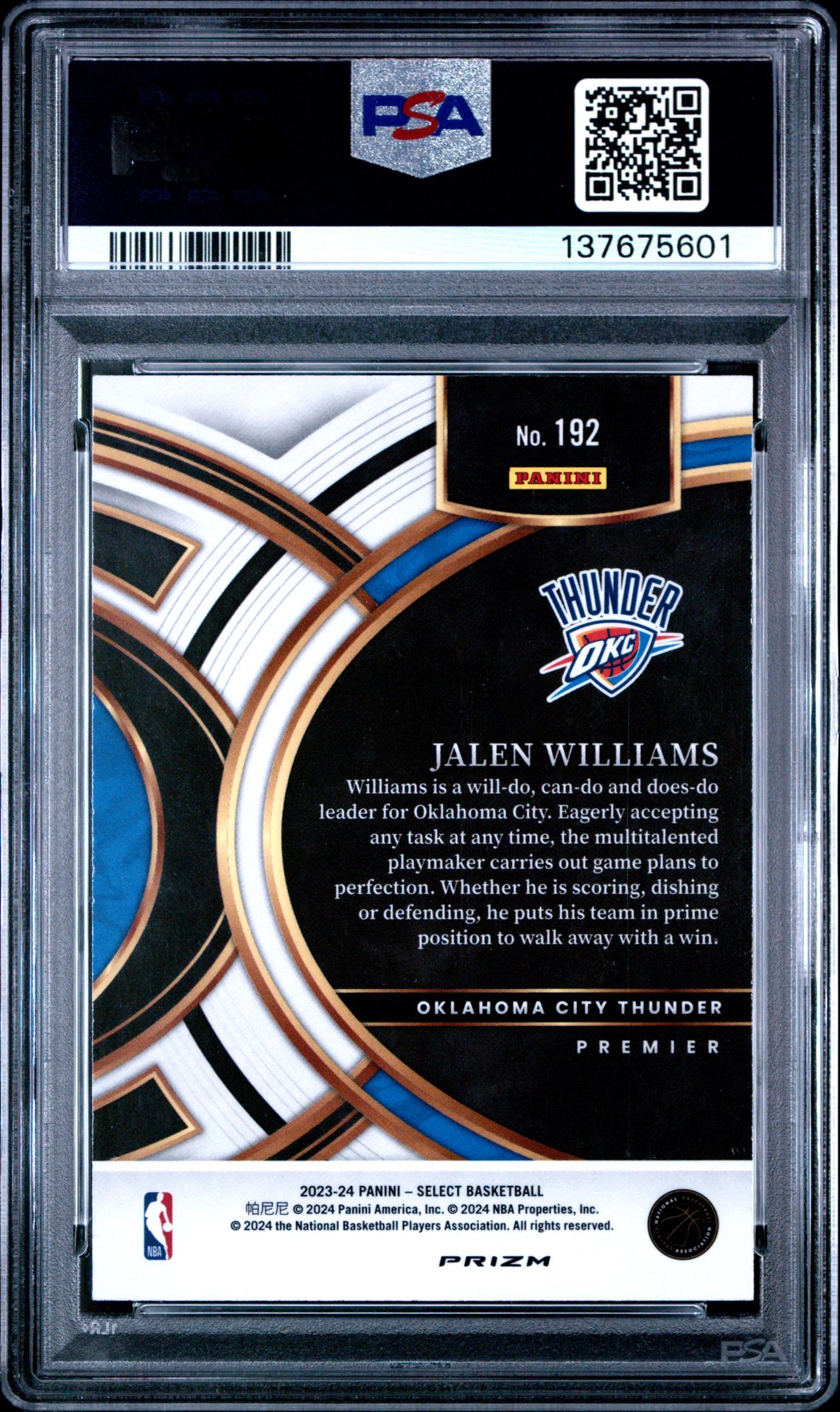 2023 Panini Select Jalen Williams #192 (Tiger Prizm) Gem Mt 10 back