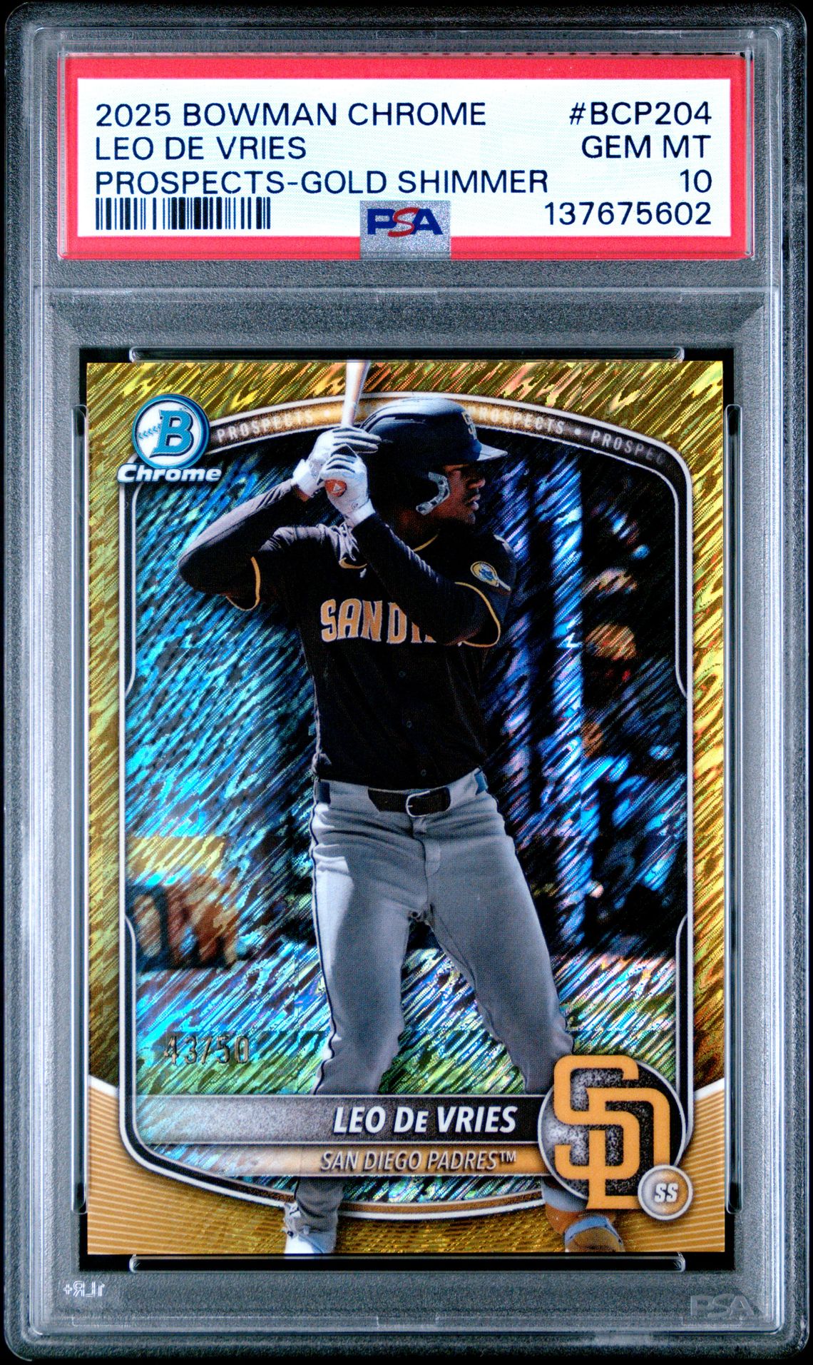 2025 Bowman Chrome Prospects Leo De Vries #Bcp204 (Prospects-Gold Shimmer) Gem Mt 10 front