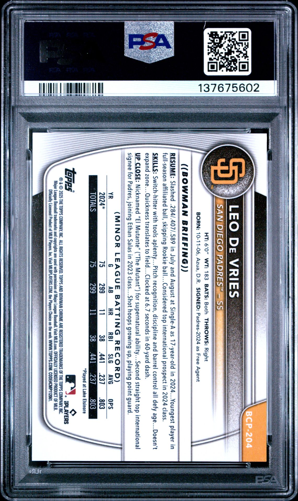 2025 Bowman Chrome Prospects Leo De Vries #Bcp204 (Prospects-Gold Shimmer) Gem Mt 10 back