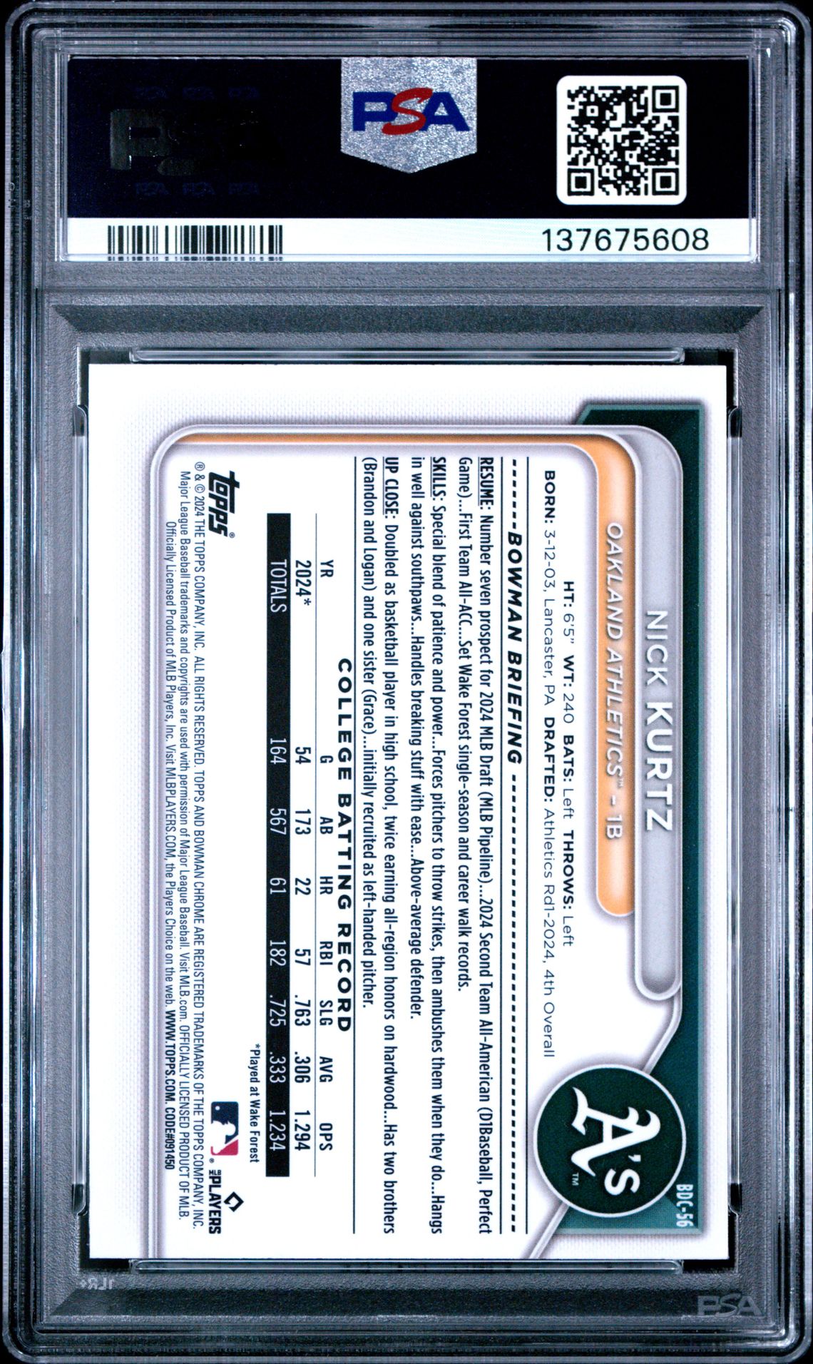 2024 Bowman Draft Nick Kurtz #Bdc56 (Chrome-Lunar Glow Ref) Gem Mt 10 back