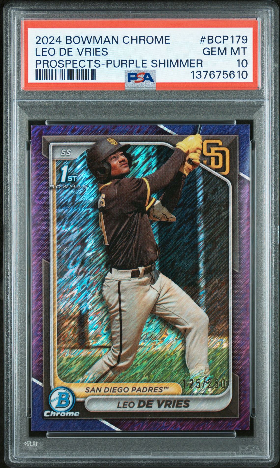 2024 Bowman Chrome Prospects Leo De Vries #Bcp179 (Prospects-Purple Shimmer) Gem Mt 10 front