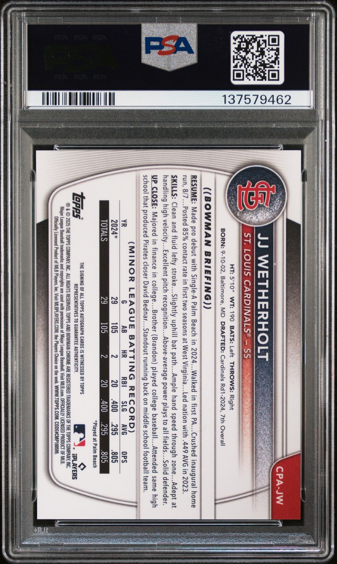 2025 Bowman Chrome Prospect Autographs Jj Wetherholt #Cpajw (Chr Pros Au-Hta Choice Ref) Gem Mt 10 back