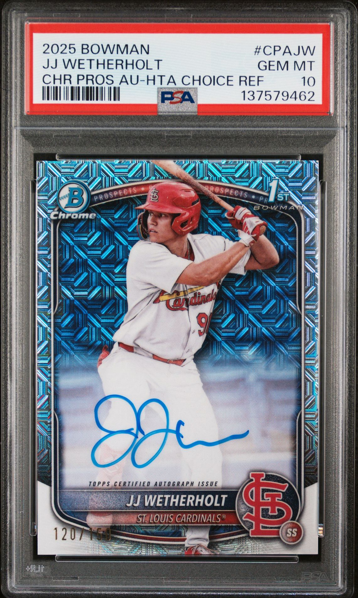 2025 Bowman Chrome Prospect Autographs Jj Wetherholt #Cpajw (Chr Pros Au-Hta Choice Ref) Gem Mt 10 front