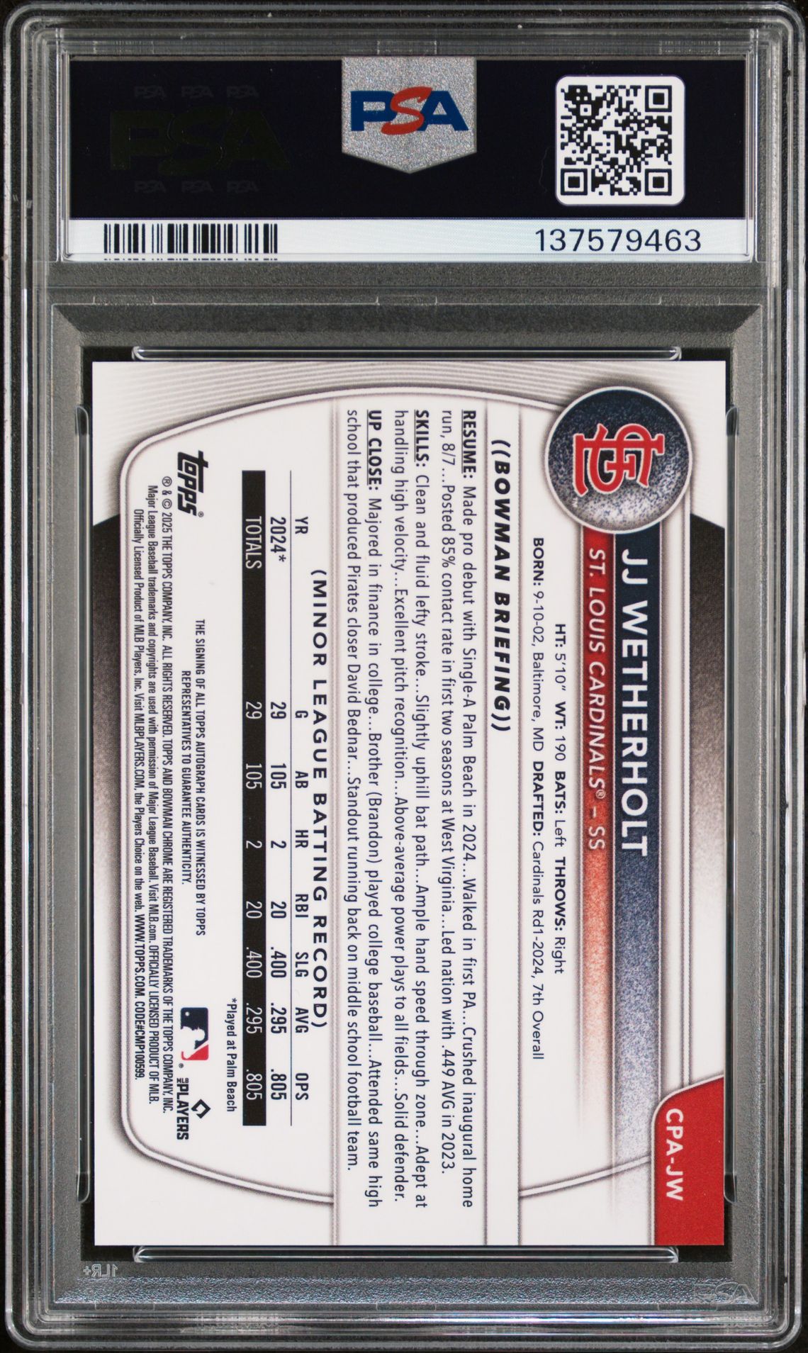 2025 Bowman Chrome Prospect Autographs Jj Wetherholt #Cpajw (Chrome Pros Au-Yellow Ref) Mint 9 back