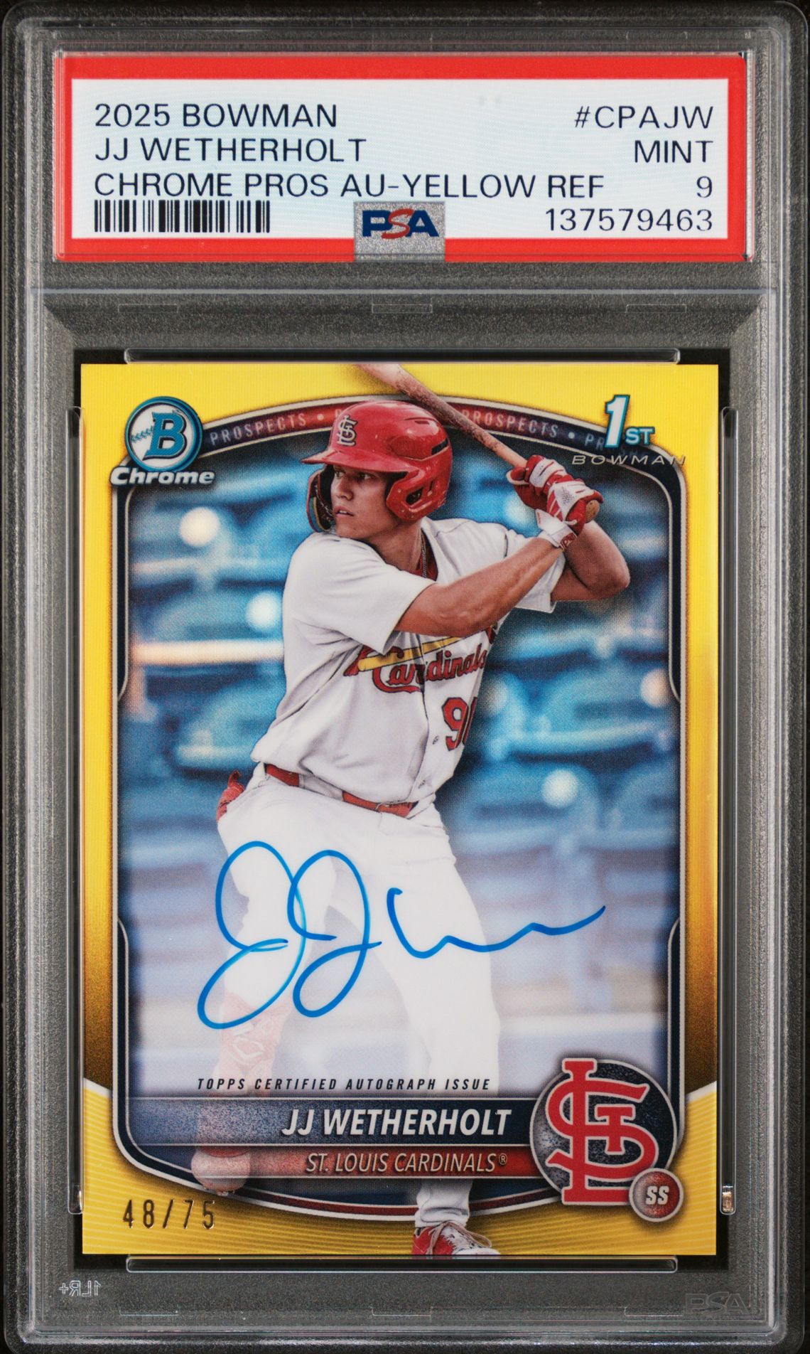2025 Bowman Chrome Prospect Autographs Jj Wetherholt #Cpajw (Chrome Pros Au-Yellow Ref) Mint 9 front