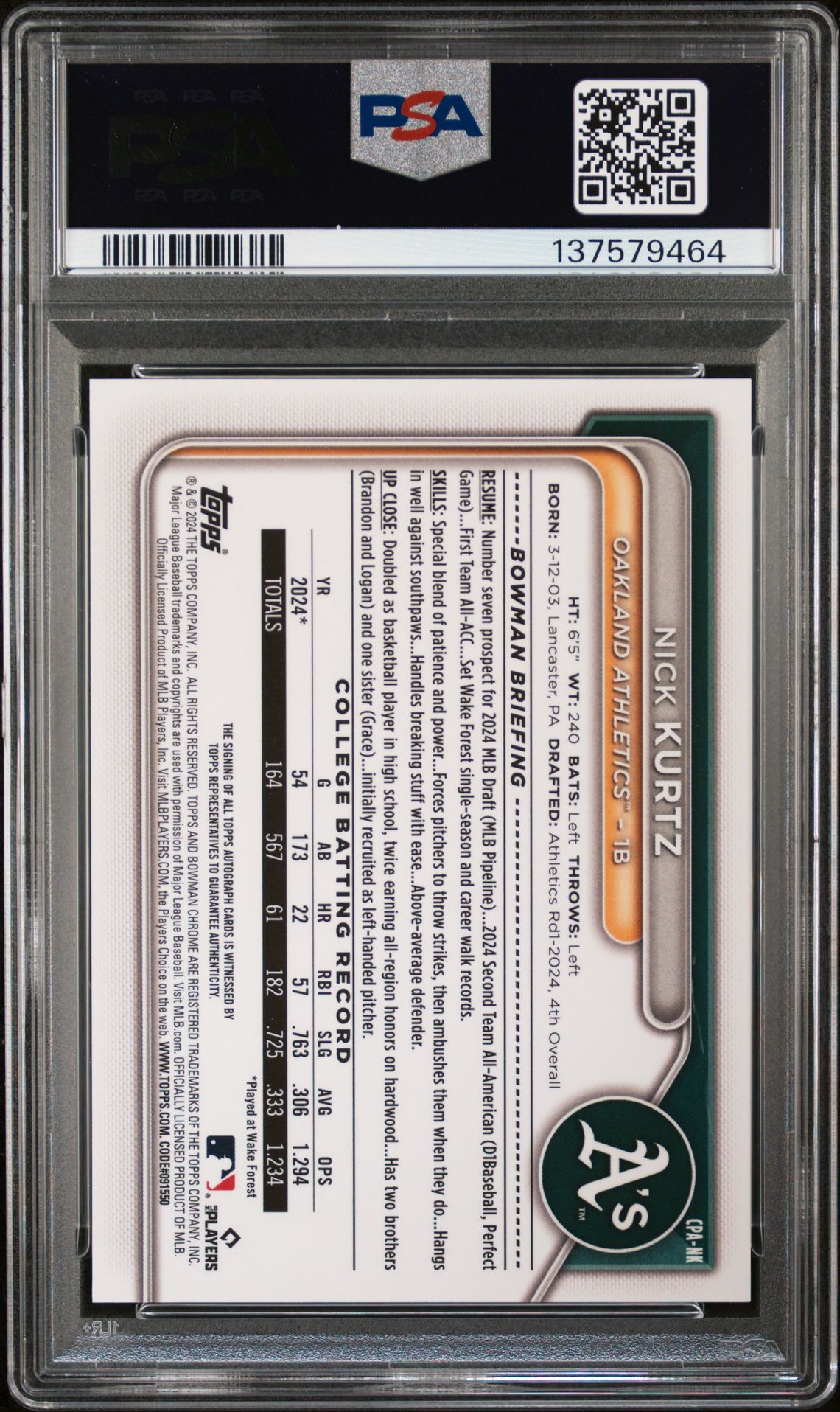 2024 Bowman Draft Chrome Prospect Autographs Nick Kurtz #Cpank Mint 9 back