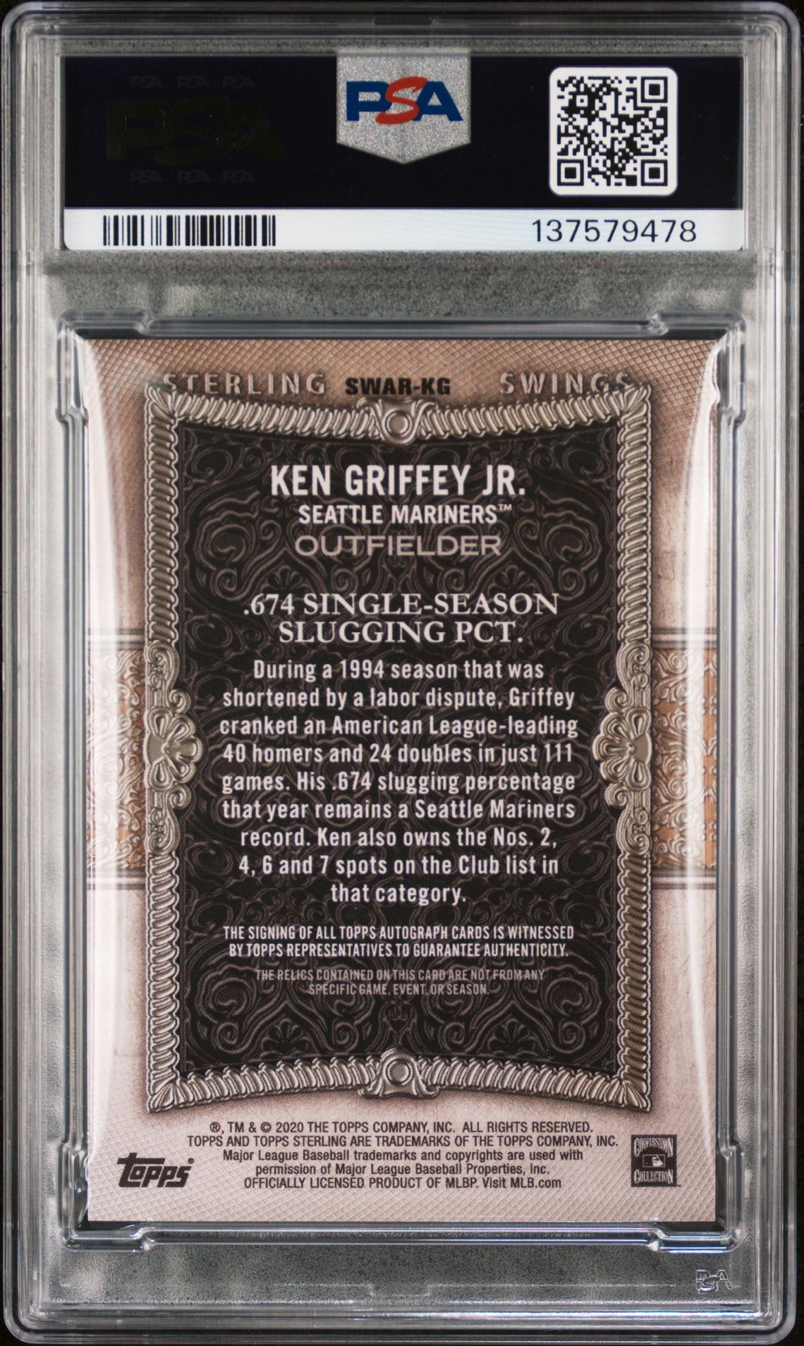 2020 Topps Sterling Swings Autographs Relics Ken Griffey Jr. #Kg (Swings Autograph Relics) Mint 9 back